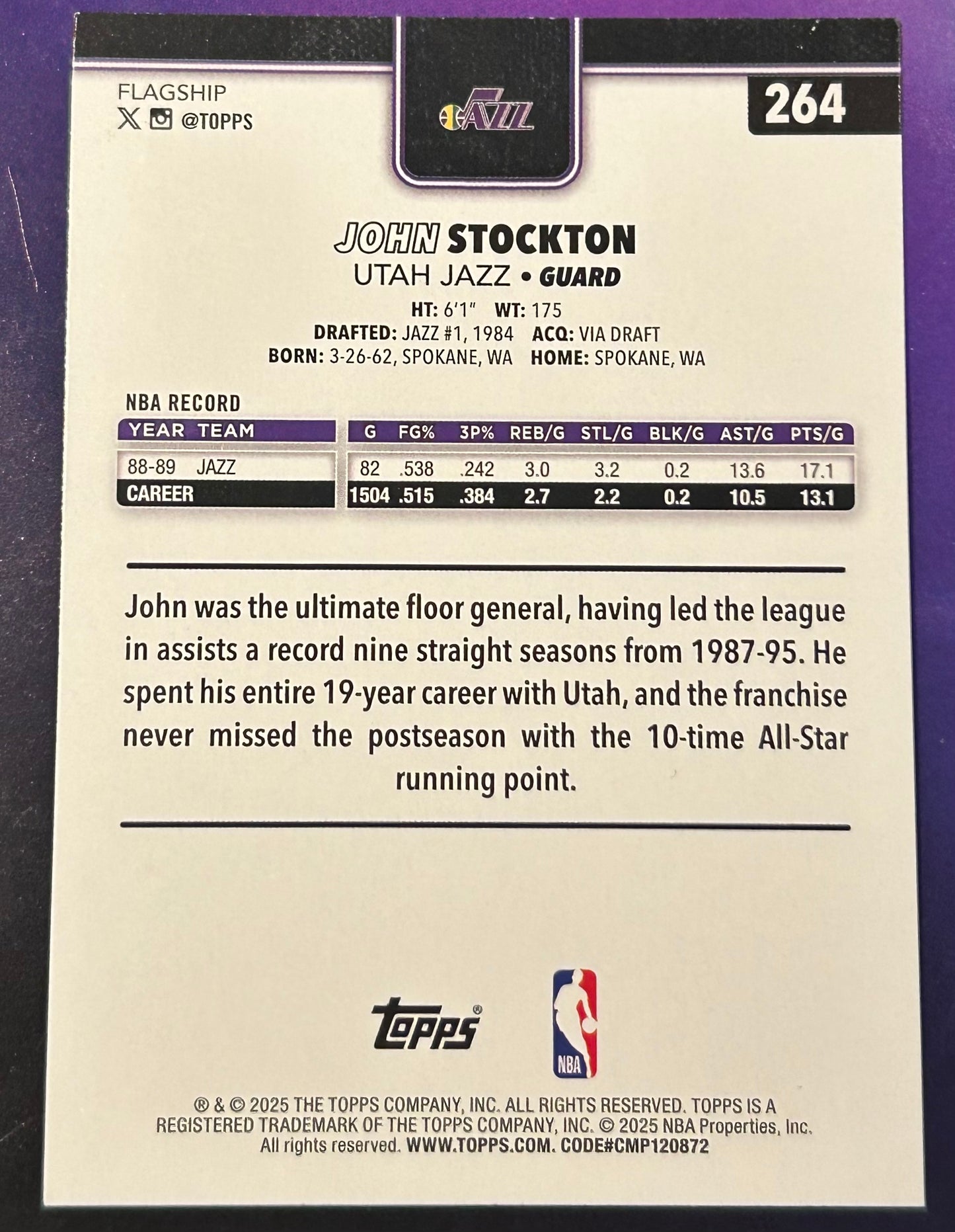 * John Stockton 2025-26 Topps NBA Card UTAH JAZZ
