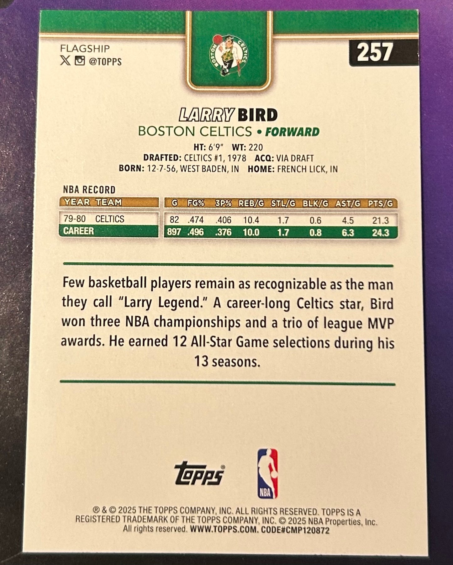 * Larry Bird 2025-26 Topps NBA Card BOSTON CELTICS