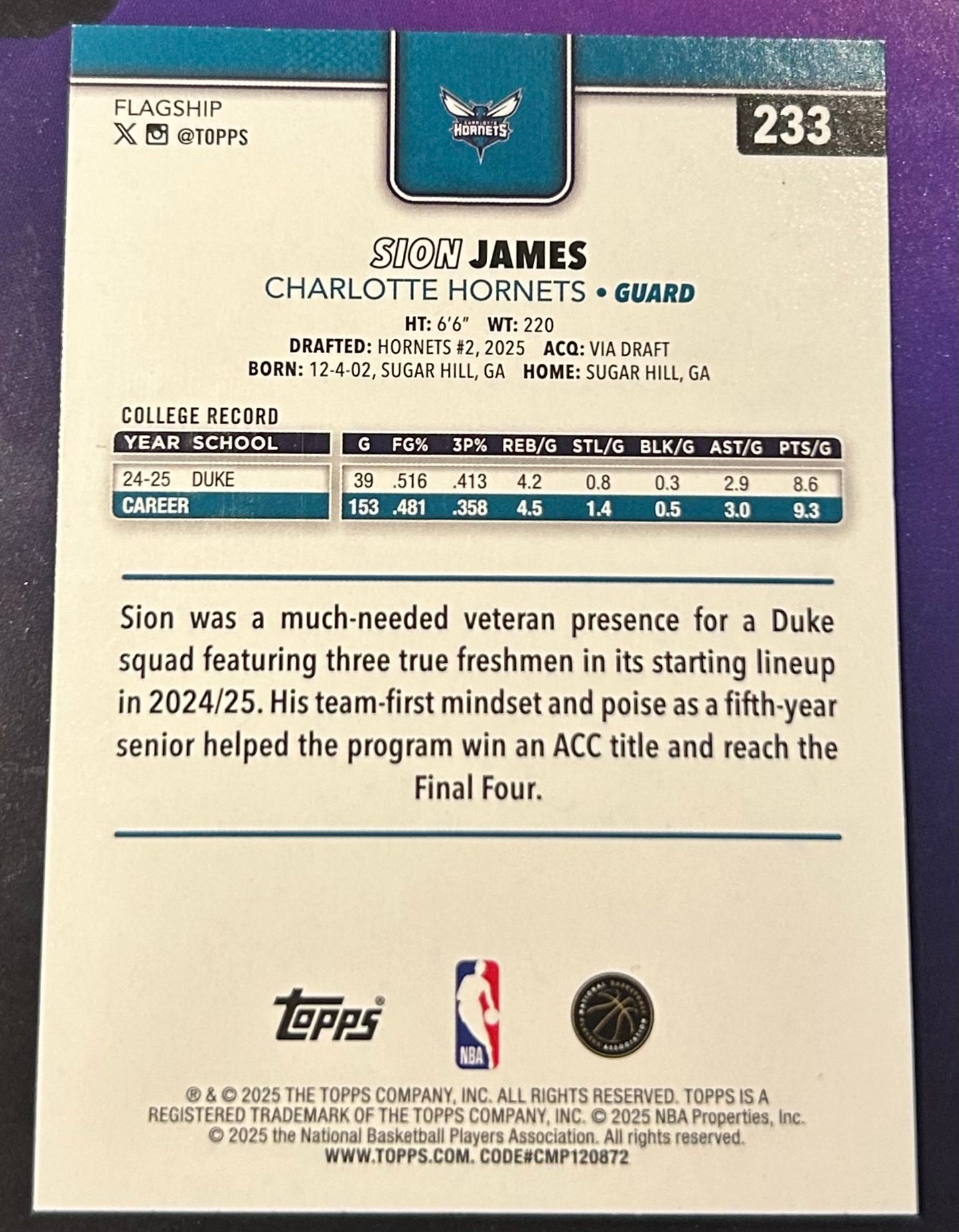 * Sion James 2025-26 Topps NBA Diamante Foil ROOKIE Card HORNETS