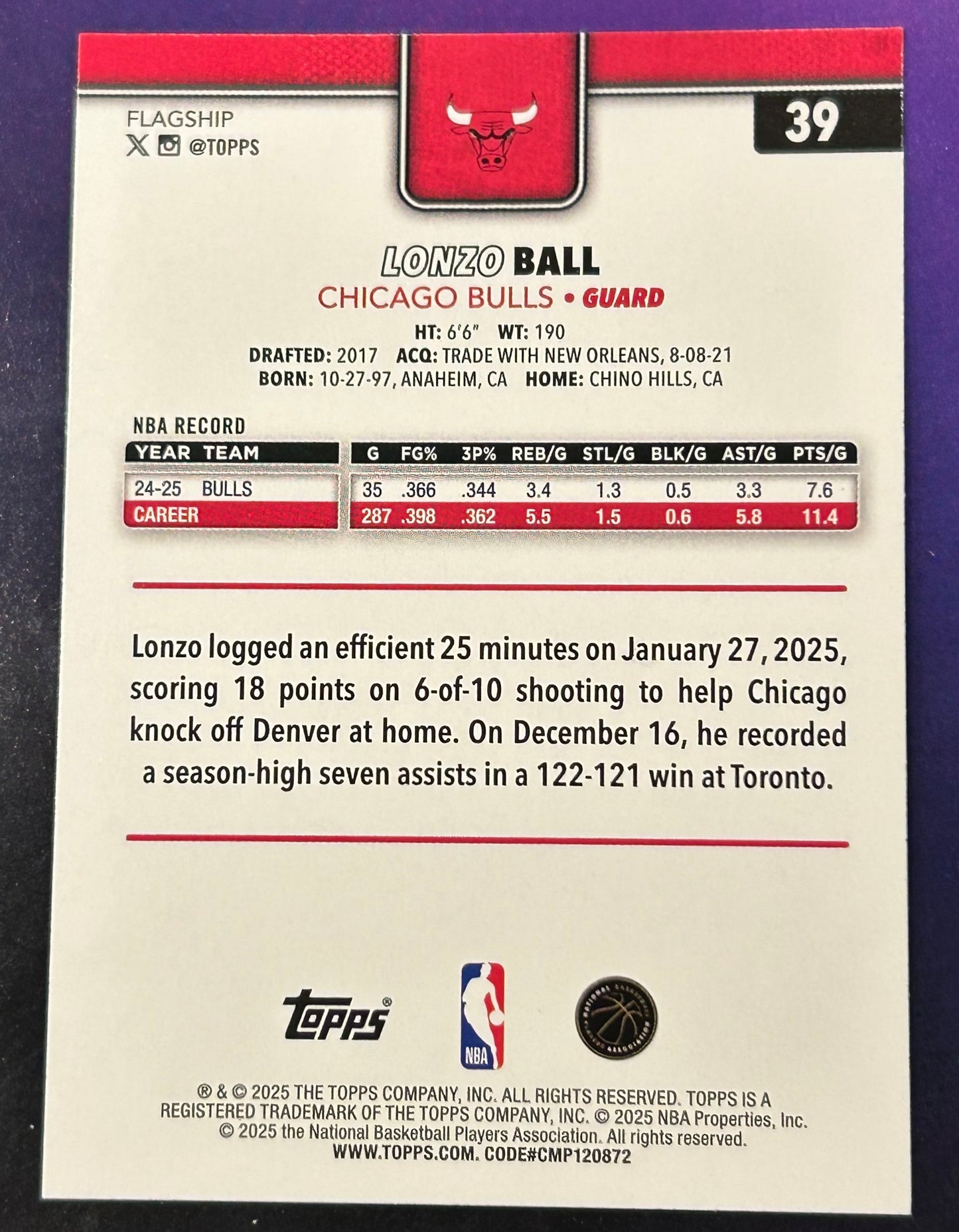 * Lonzo Ball 2025-26 Topps NBA Card CHICAGO BULLS