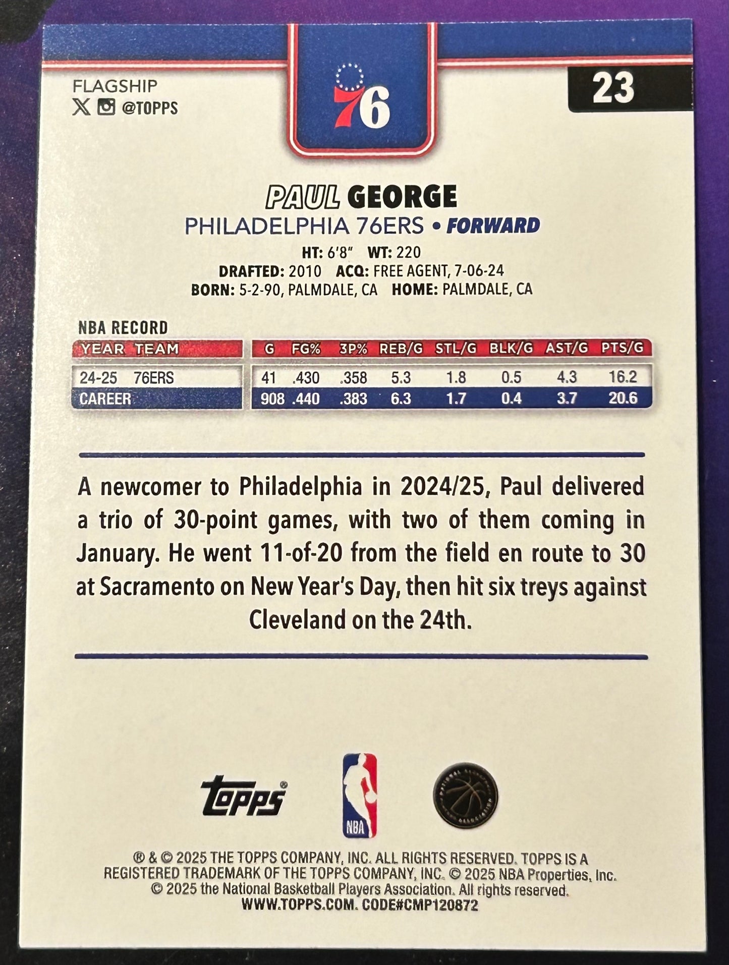 * Paul George 2025-26 Topps NBA Card PHILADELPHIA 76ers