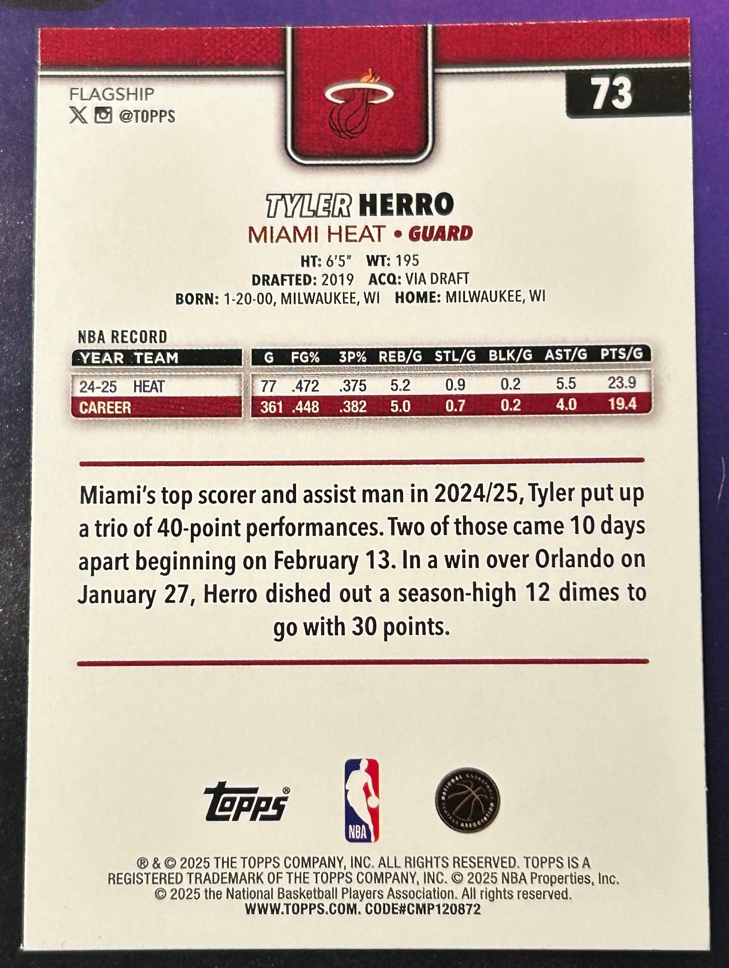* Tyler Herro 2025-26 Topps NBA Card MIAMI HEAT