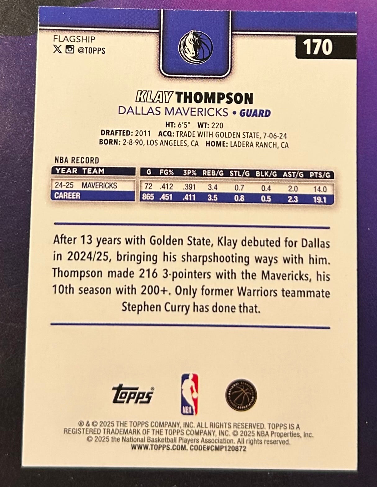 * Klay Thompson 2025-26 Topps NBA Card DALLAS MAVERICKS