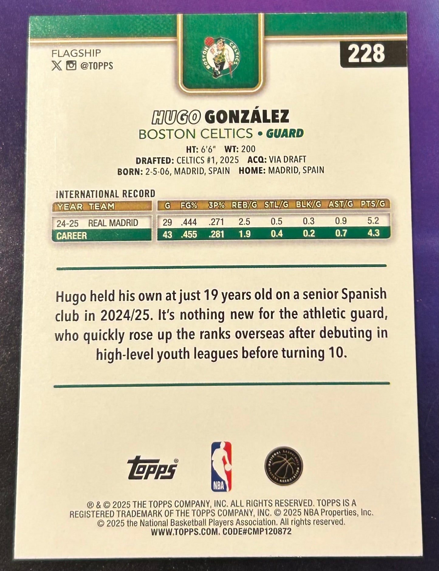* Hugo Gonzalez 2025-26 Topps NBA ROOKIE Card BOSTON CELTICS