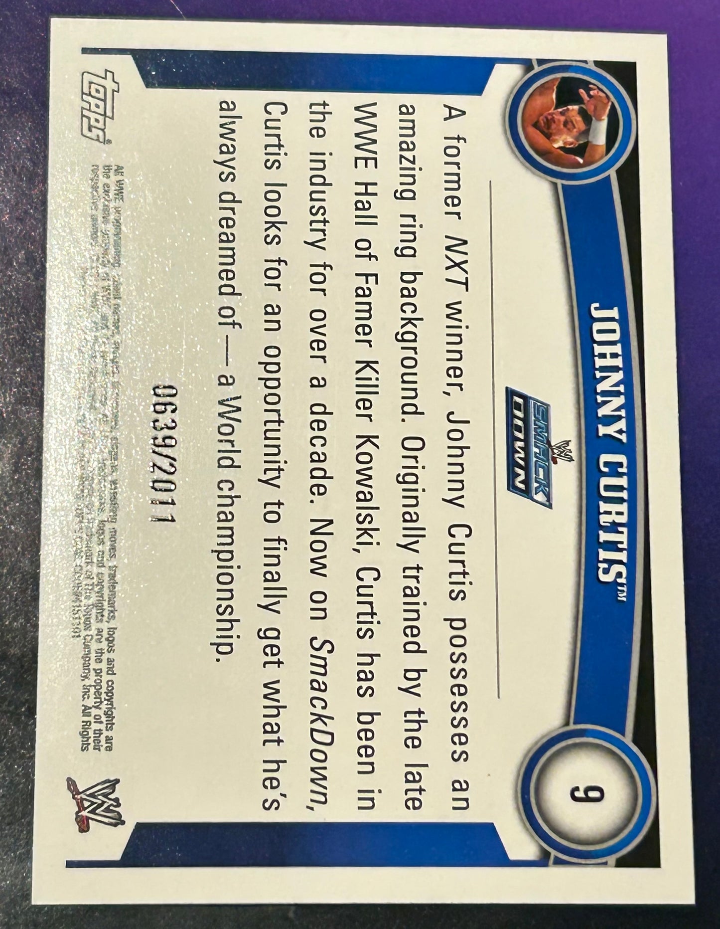 * Johnny Curtis (Fandango) 2011 WWE Topps Blue Parallel ROOKIE Card #639/2011