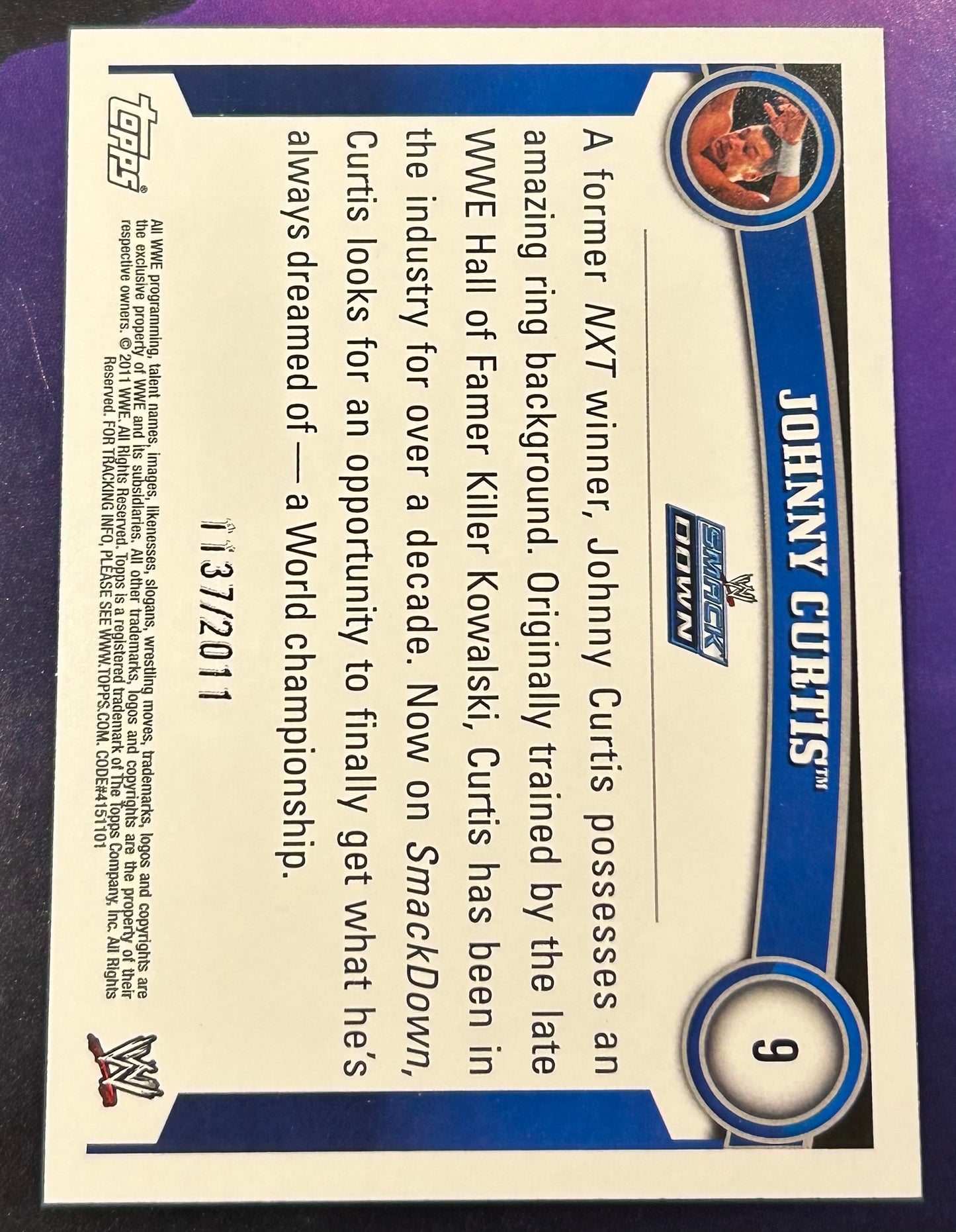 * Johnny Curtis (Fandango) 2011 WWE Topps Blue Parallel ROOKIE Card #1137/2011