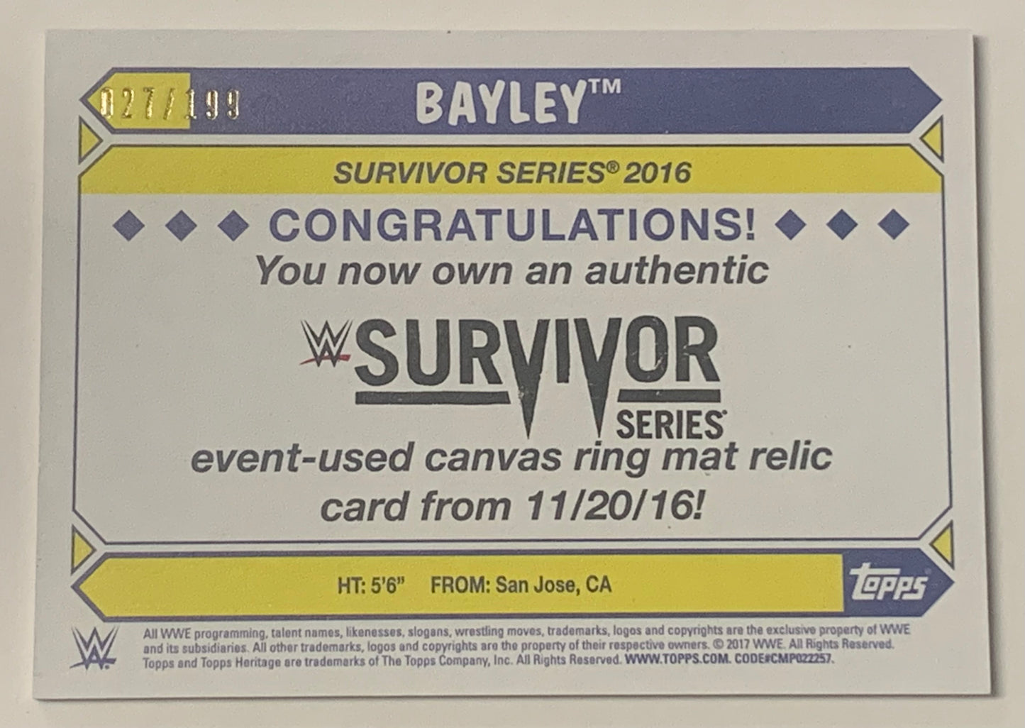 Bayley 2017 WWE Topps “Survivor Series Event-Used Canvas Ring Mat Relic” Card #27/199