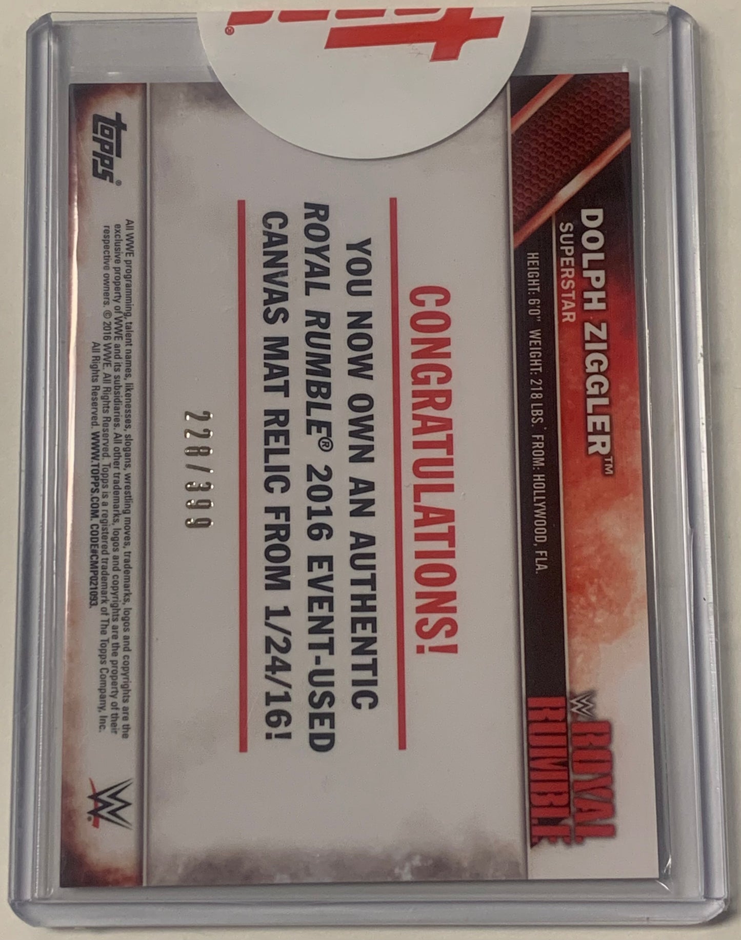 Dolph Ziggler 2016 WWE Topps Authentic Royal Rumble 2016 Event-Used Canvas Mat Relic #/399