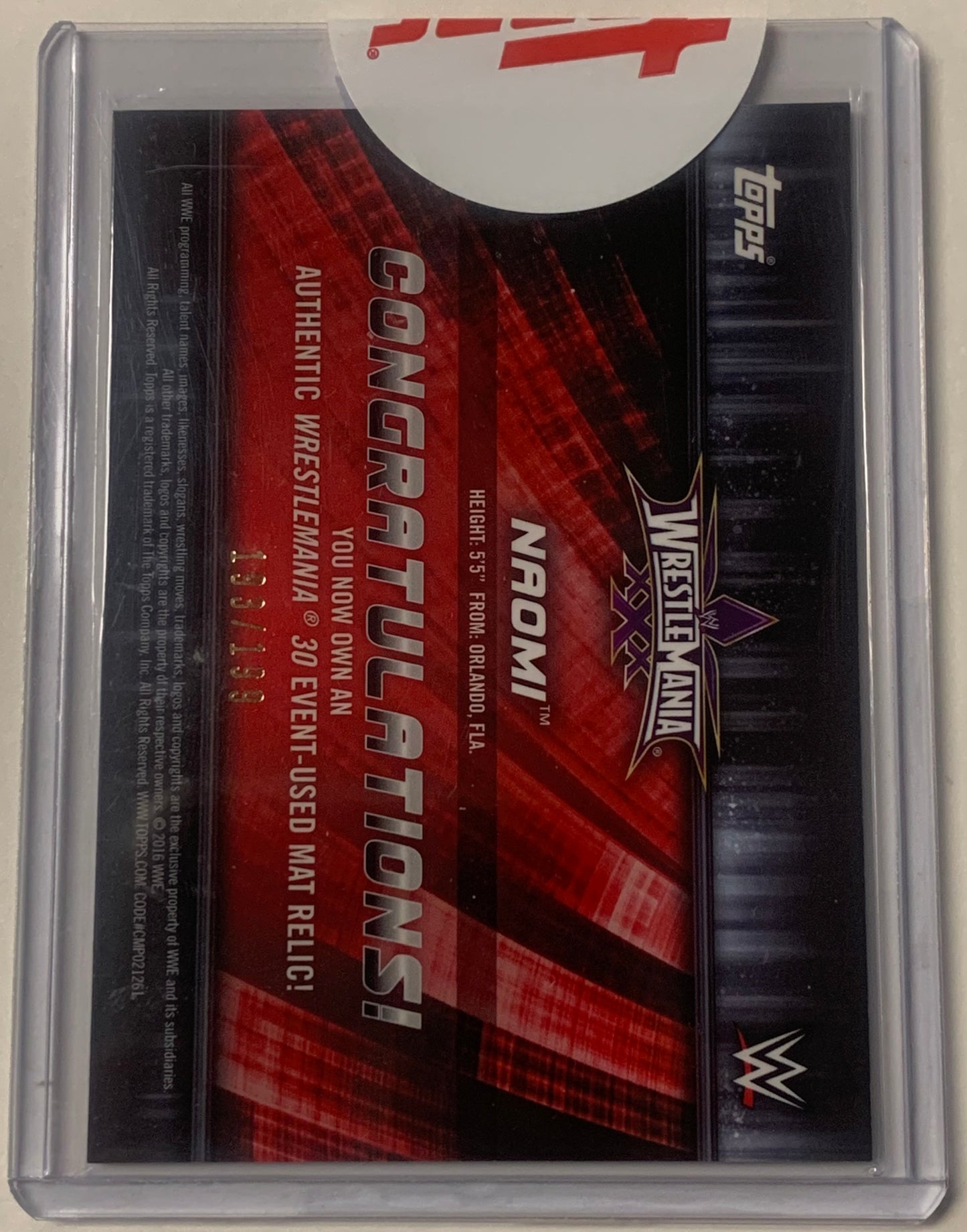 Naomi 2016 WWE Topps Sealed Authentic Wrestlemania 30 Event-Used Mat Relic #/199
