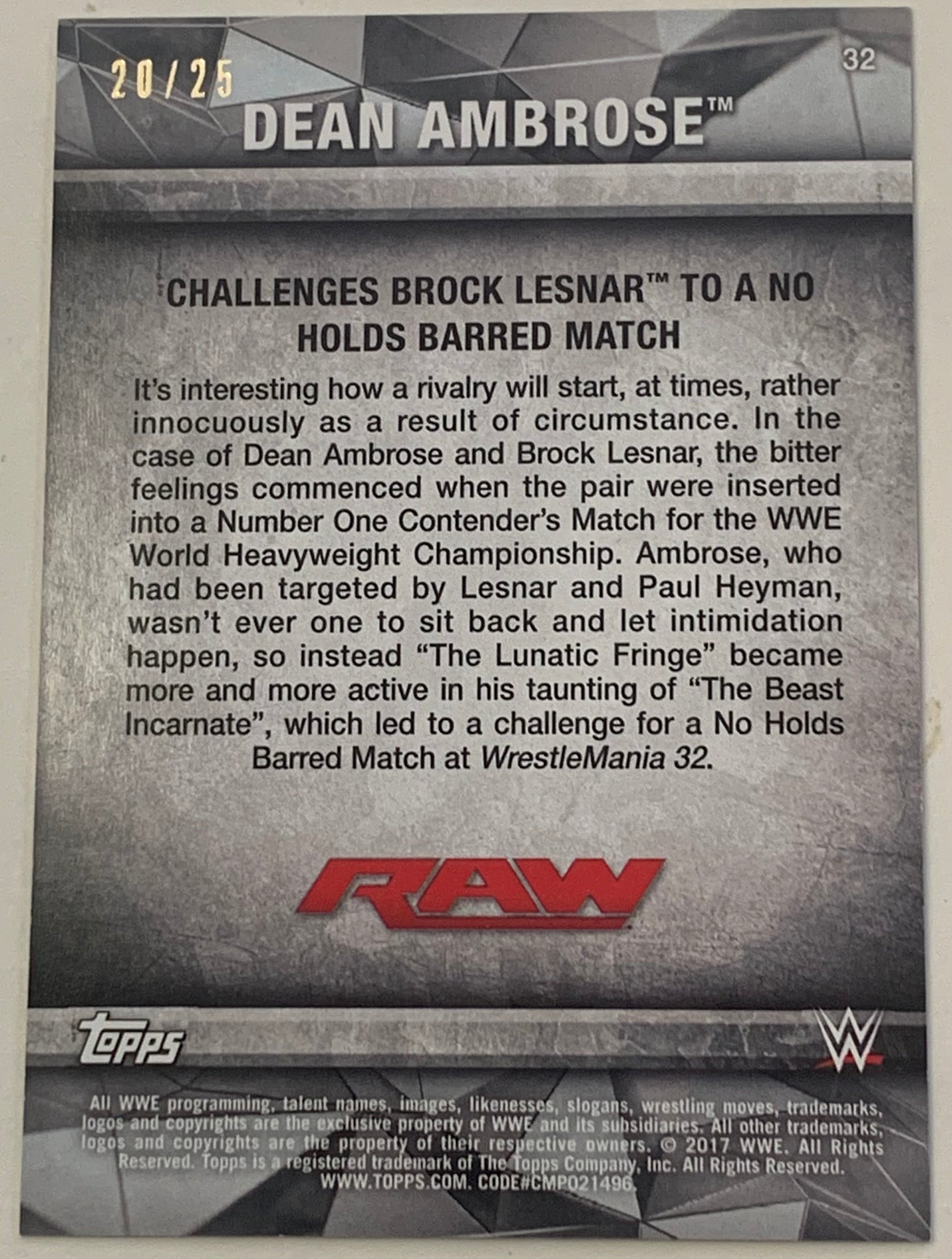 Dean Ambrose 2017 WWE Topps RAW Silver #20/25