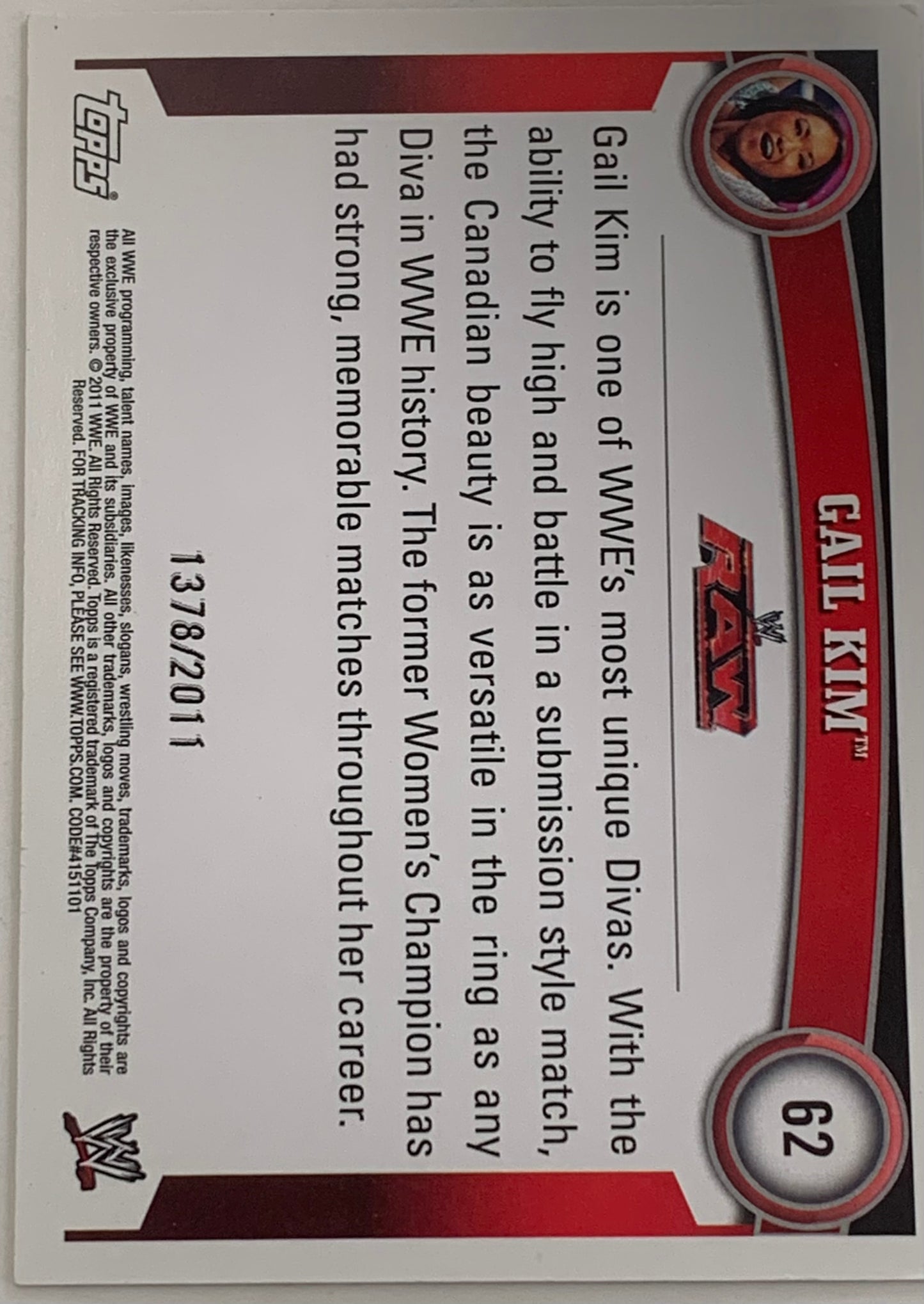 Gail Kim 2011 WWe Topps Blue Parallel Card #1378/2011