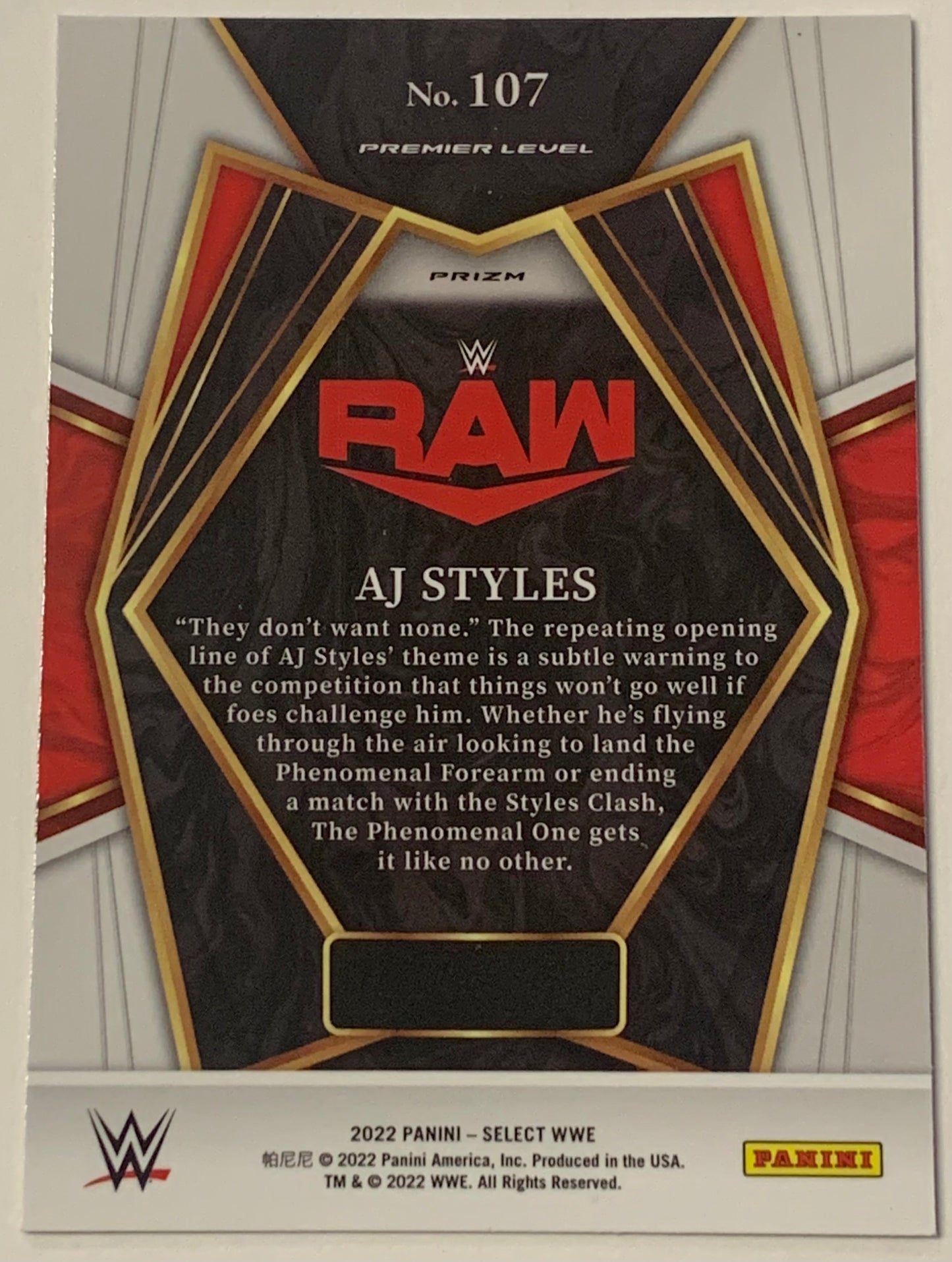 AJ Styles 2022 WWE Panini Select Prizm Silver Card