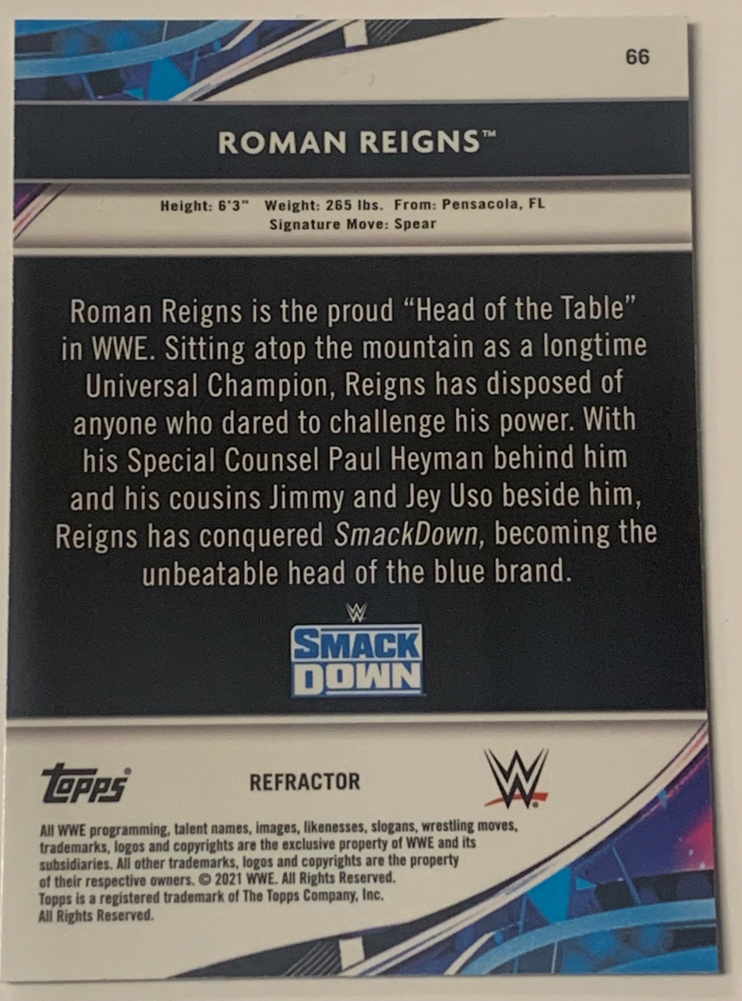 Roman Reigns 2021 WWE Topps Finest REFRACTOR Card