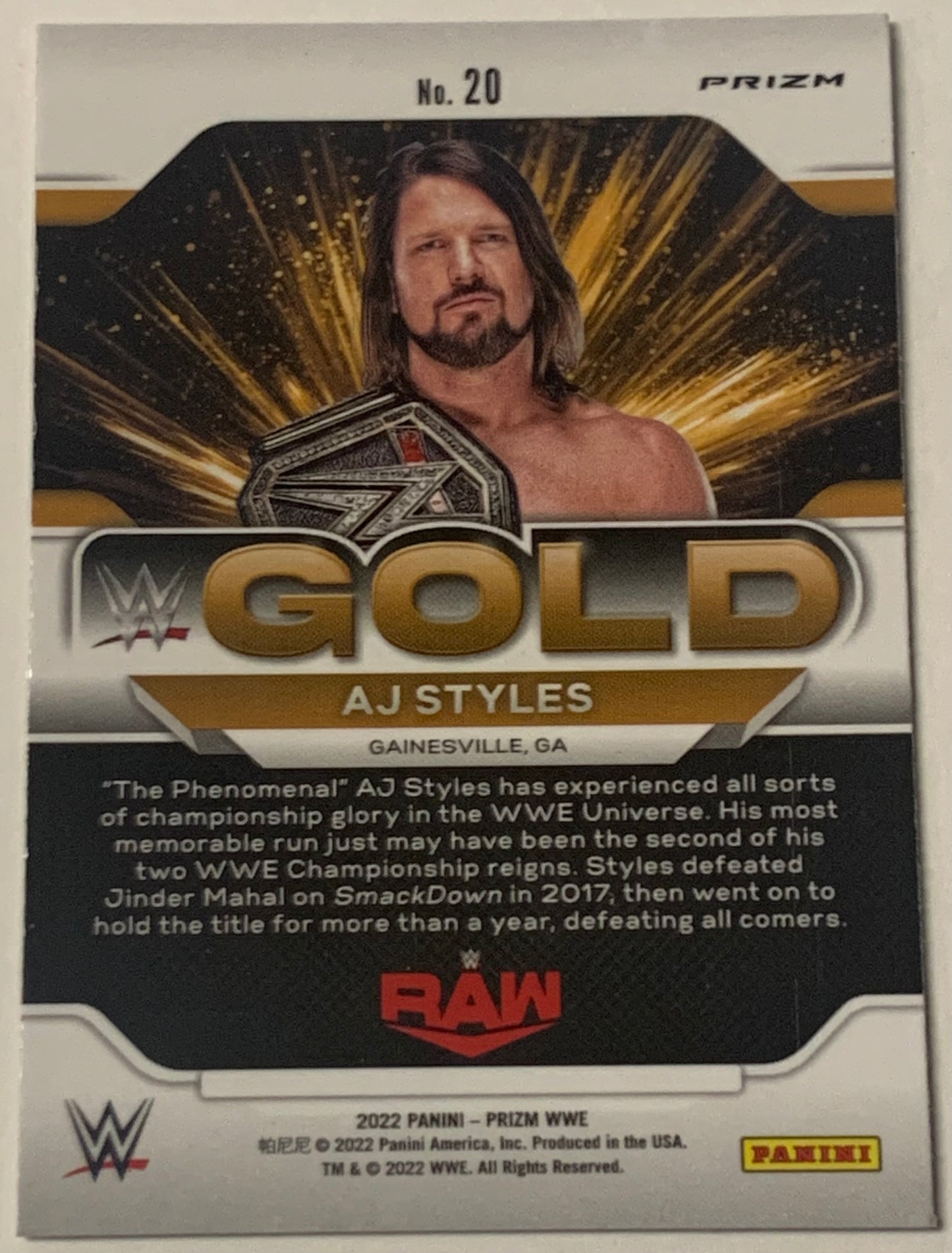 AJ Styles 2022 WWE Panini Silver Prizm “Gold” Insert Card