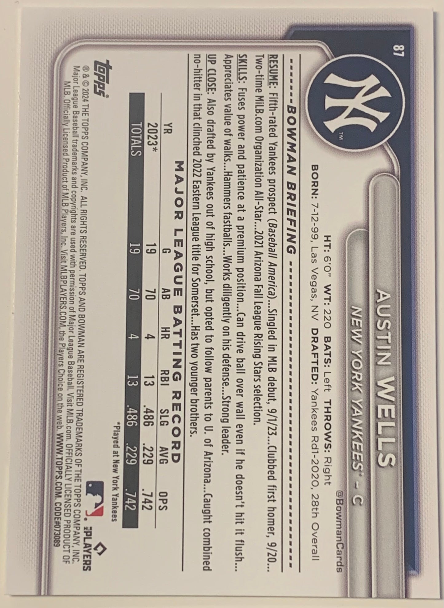 Austin Wells 2024 Bowman Rookie Card Yankees