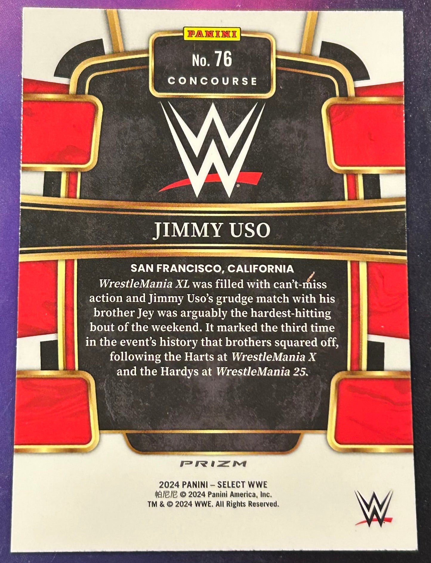 * Jimmy Uso 2024 WWE Panini Select Orange Concourse Prizm Refractor Card