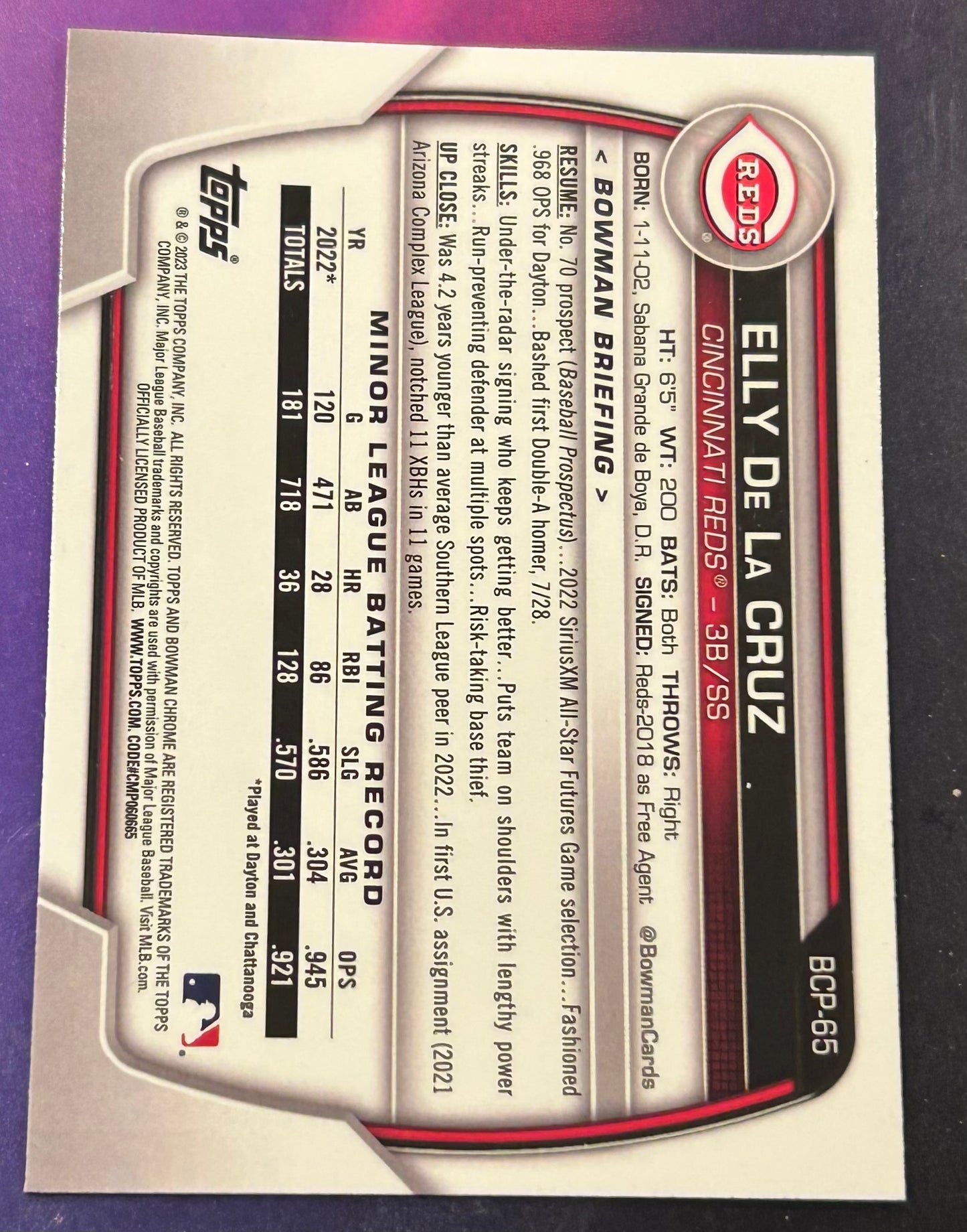 * Elly De La Cruz 2023 Bowman Chrome Prospects Card (Cincinnati Reds)