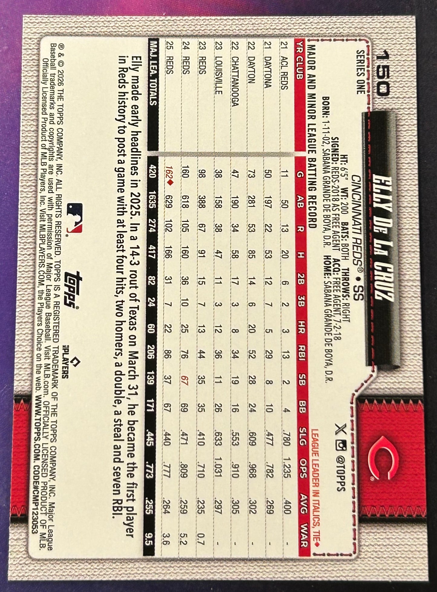 * Elly De La Cruz 2026 Topps Card #150 (Cincinnati Red)