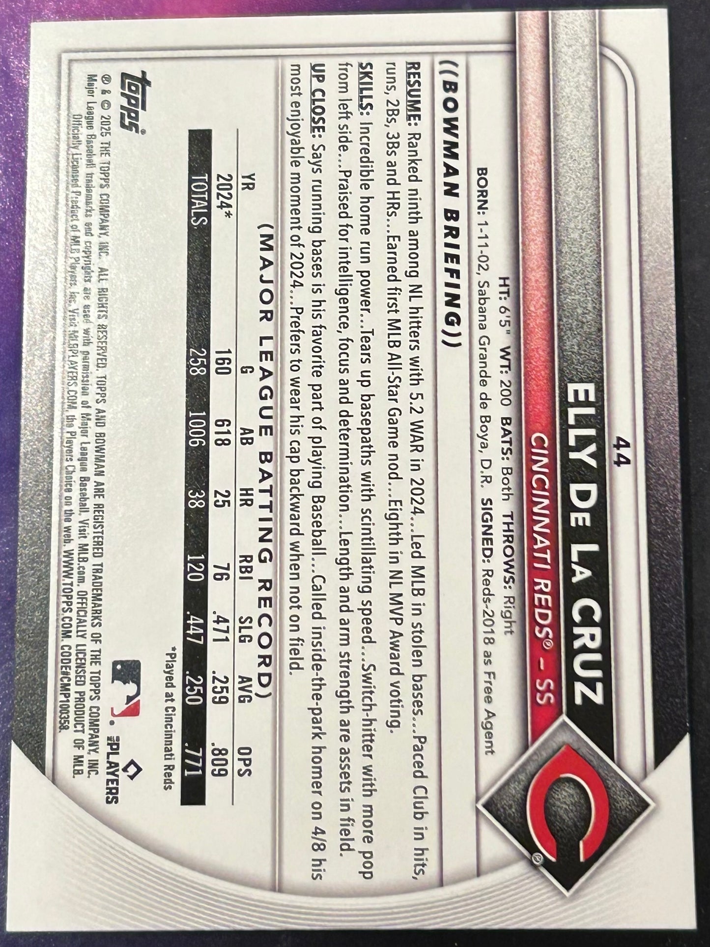 * Elly De La Cruz 2025 Bowman Card #44 (Cincinnati Reds)