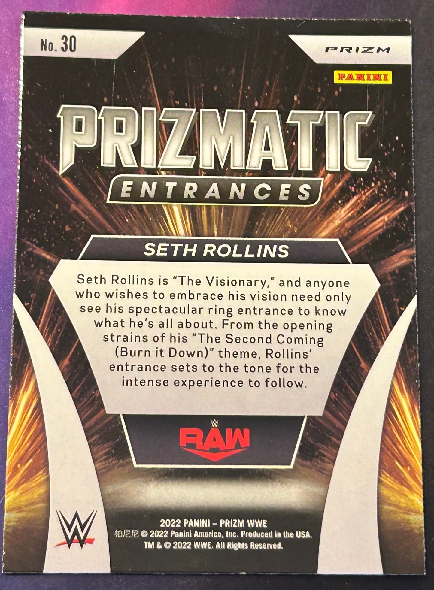 * Seth Rollins 2022 WWE Panini Prizm “Prizmatic Entrances” Green Parallel Insert REFRACTOR Card