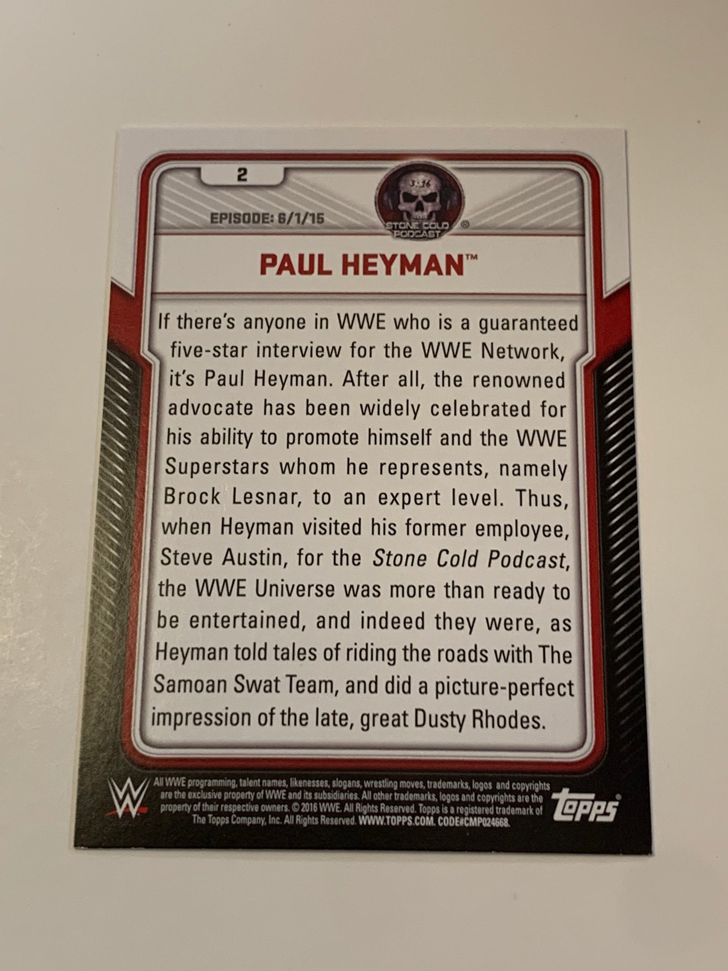 Paul Heyman WWE 2016 Topps Card 2024 Hall of Fame