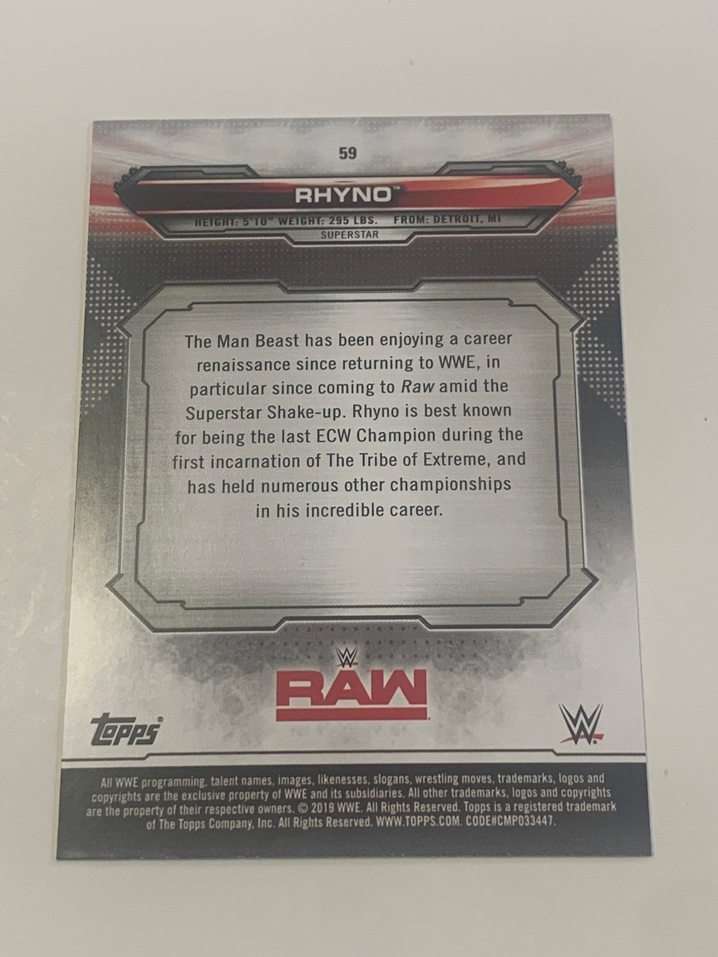 Rhyno SIGNED 2019 Topps Card #59 COA
