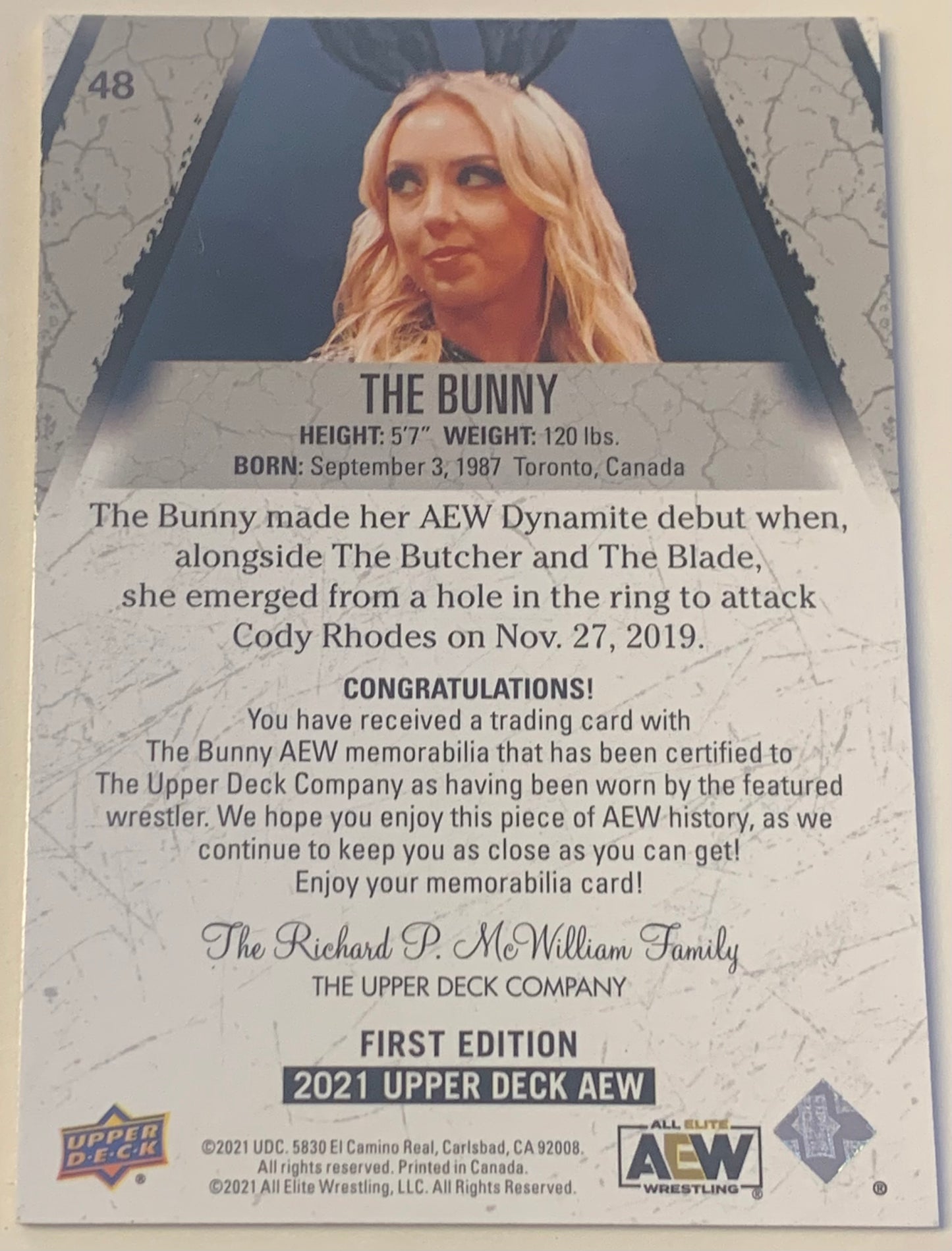 The Bunny 2021 AEW UD Upper Deck Authentic Memorabilia Card