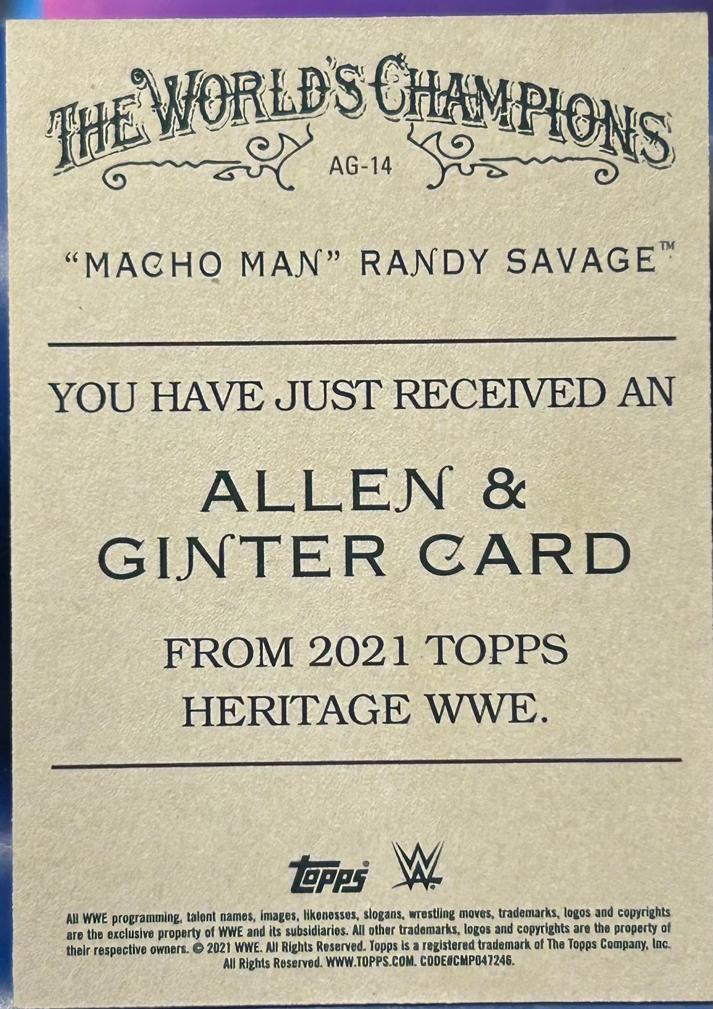 * Macho Man Randy Savage 2021 WWE Topps Heritage “Allen & Ginter” Card