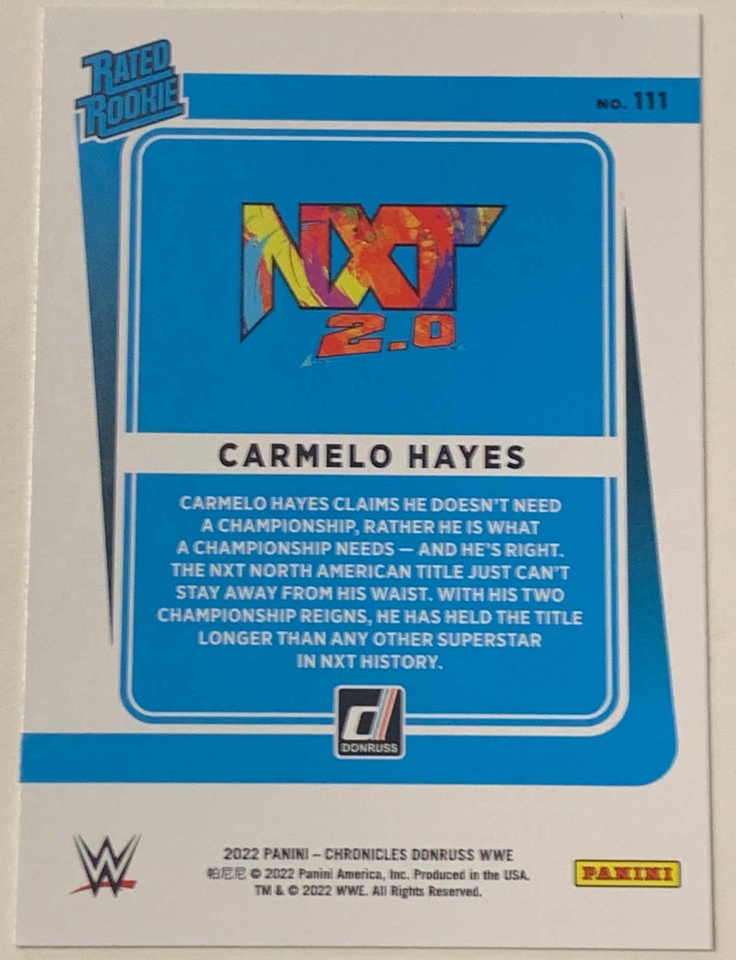 Carmelo Hayes 2022 WWE Panini Chronicles Donruss ROOKIE Card