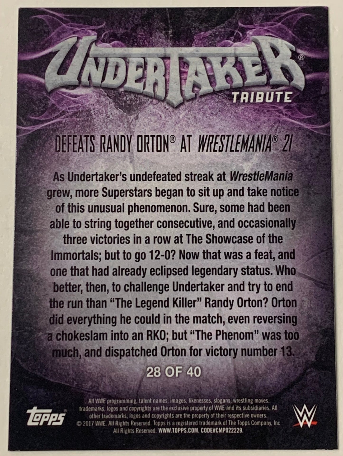 Undertaker 2017 WWE Topps “Undertaker Tribute” Insert Card #28 of 40