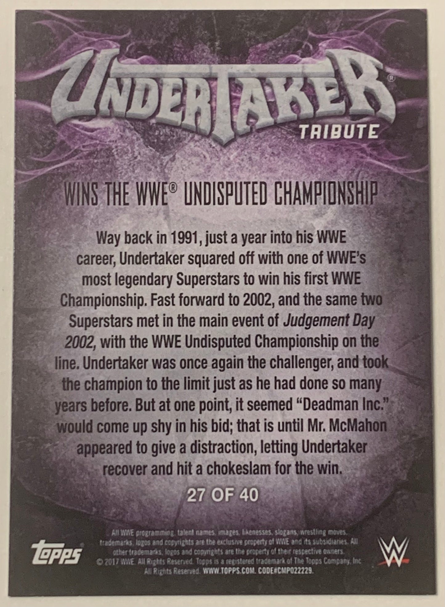 Undertaker 2017 WWE Topps “Undertaker Tribute” Insert Card #27 of 40
