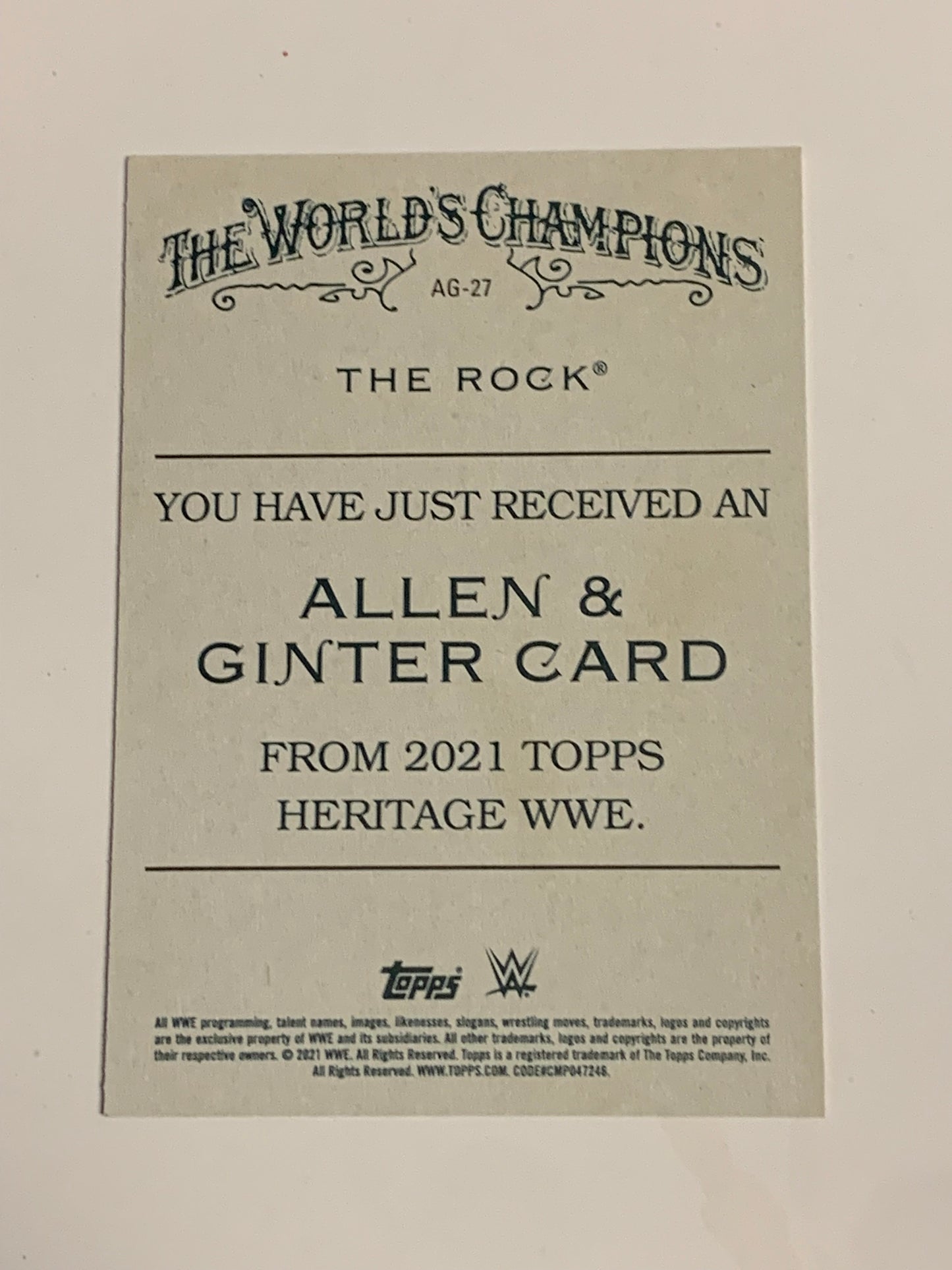 The Rock 2021 WWE Topps Heritage “Allen & Ginter” Insert Card