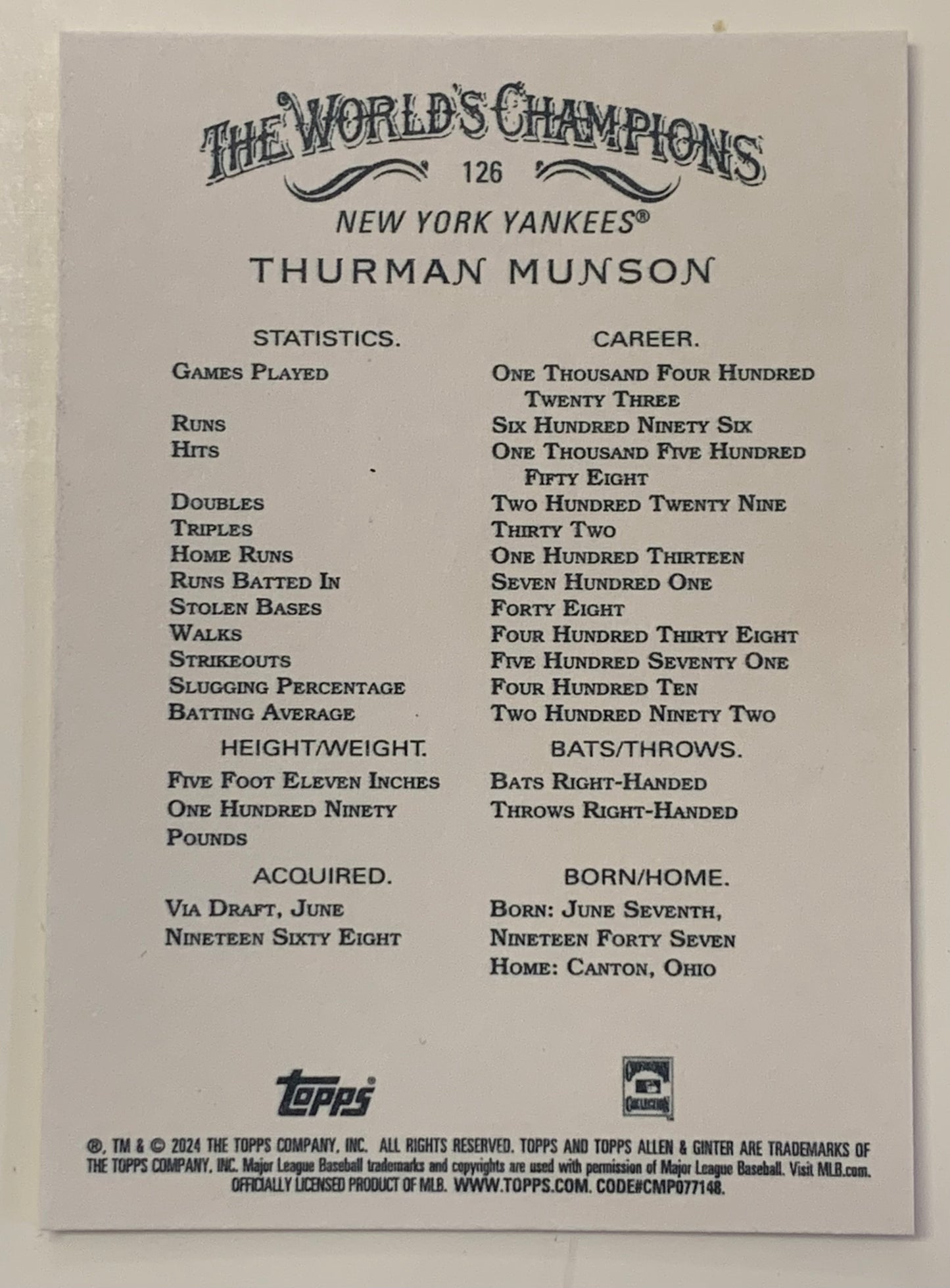 Thurman Munson 2024 Topps Allen & Ginter