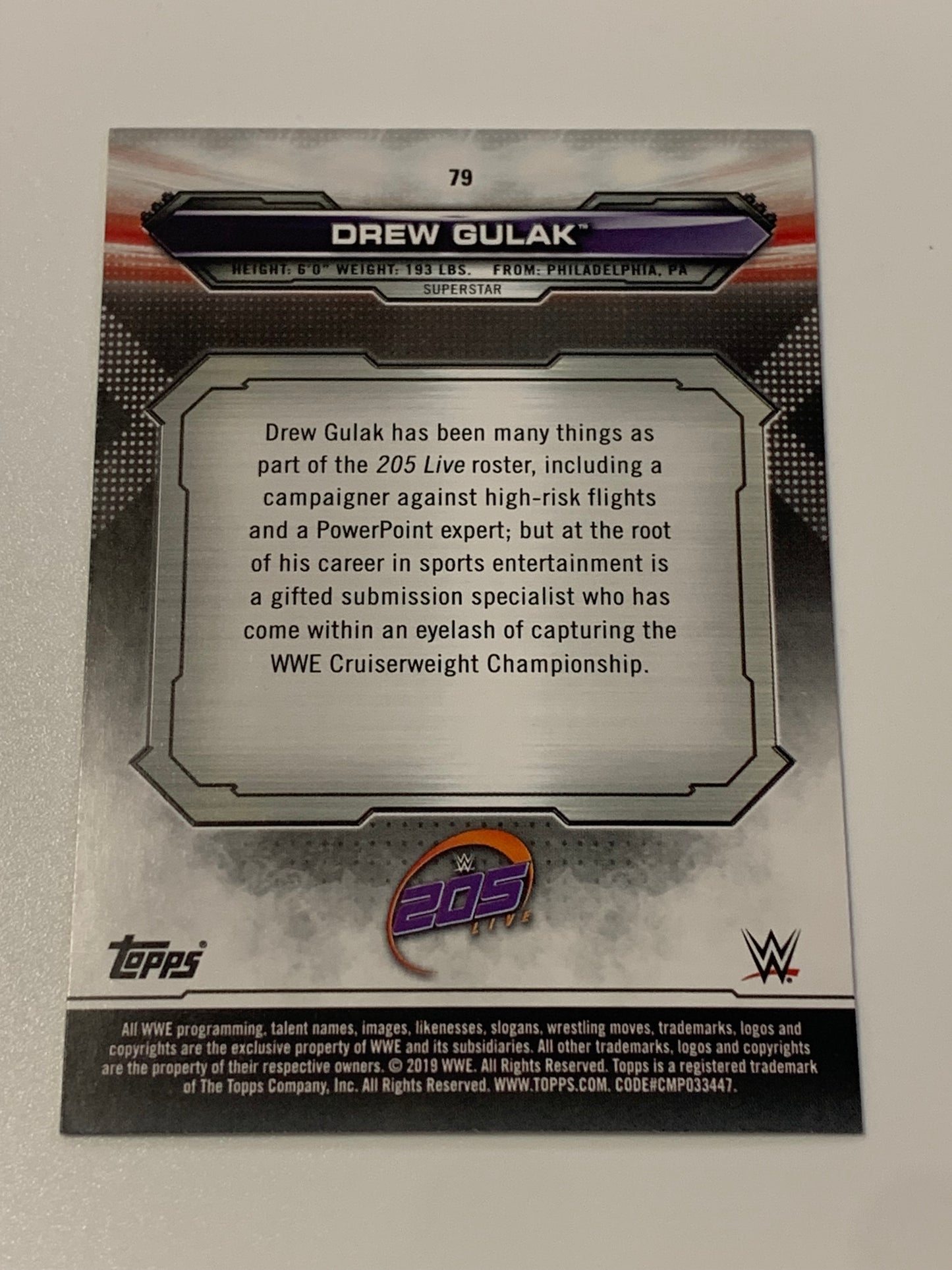Drew Gulak SIGNED 2019 WWE NXT Topps Card (Comes w/COA)