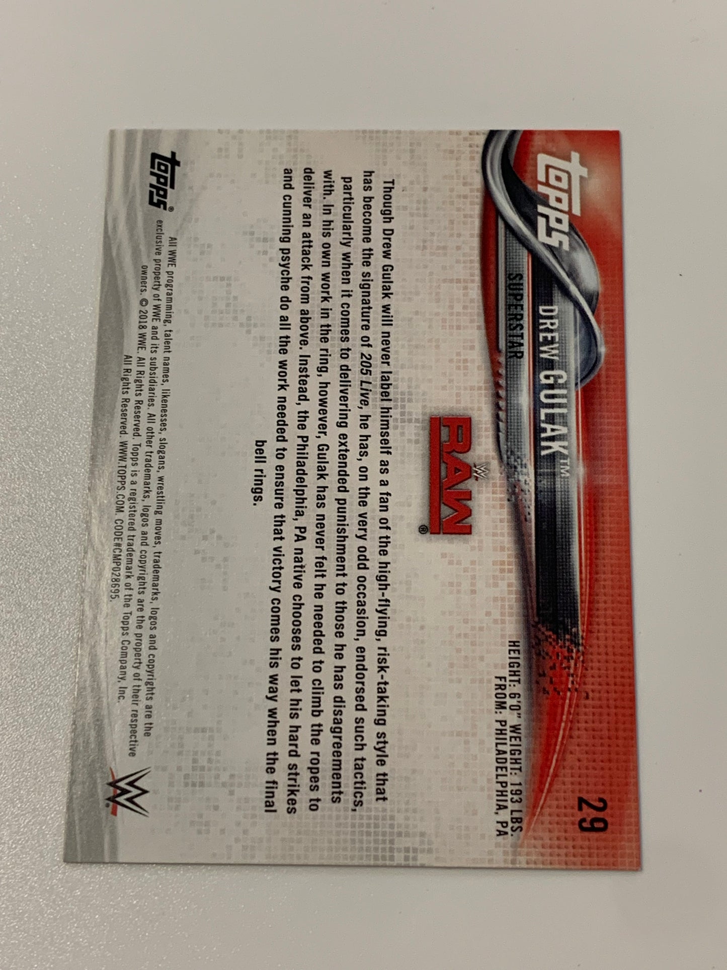 Drew Gulak SIGNED 2018 WWE NXT Topps Card (Comes w/COA)