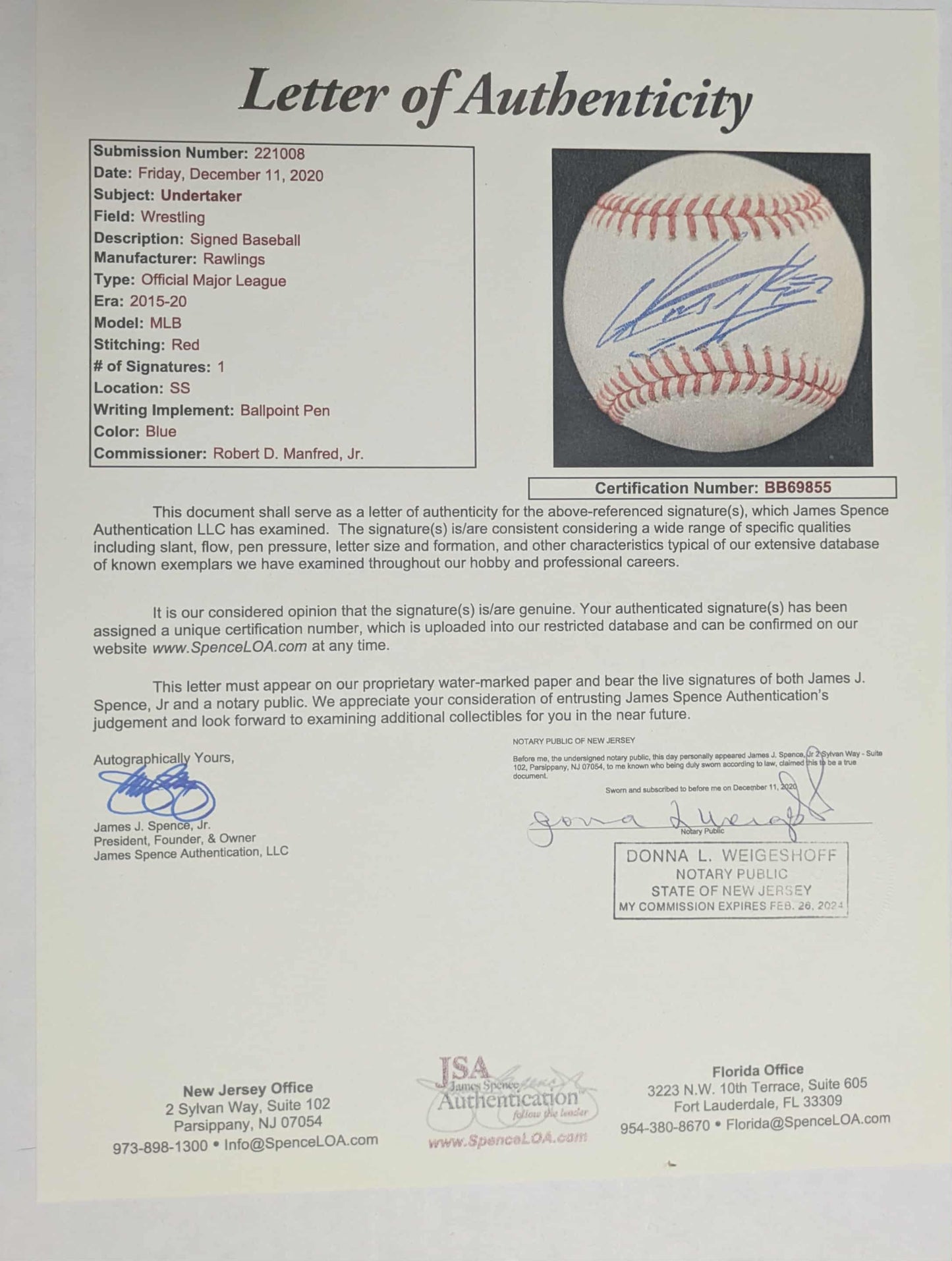 The Undertaker Signed Rawlings MLB Official Baseball JSA Letter COA RARE