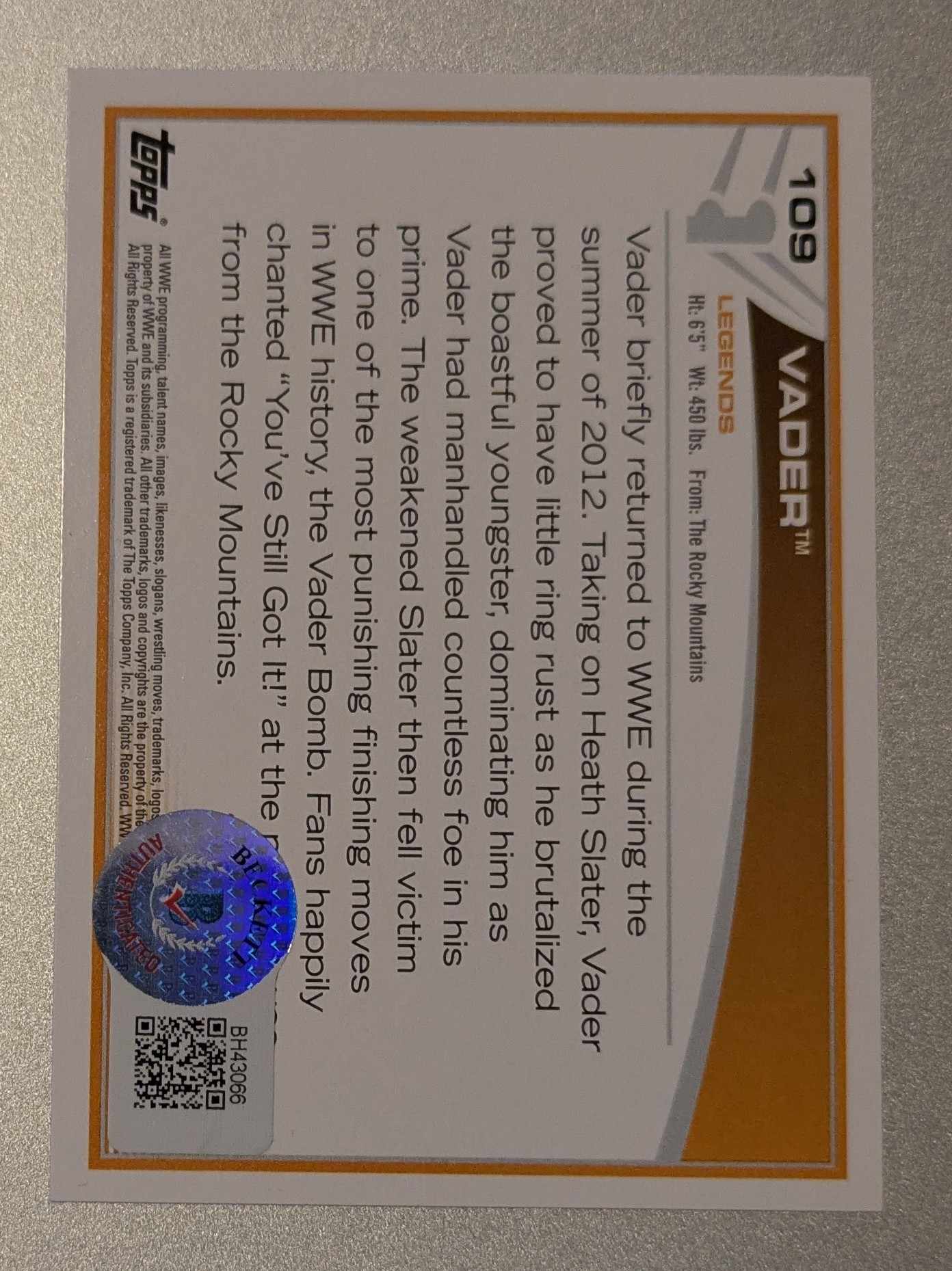 Vader 2013 Signed Topps #109 BAS Beckett COA