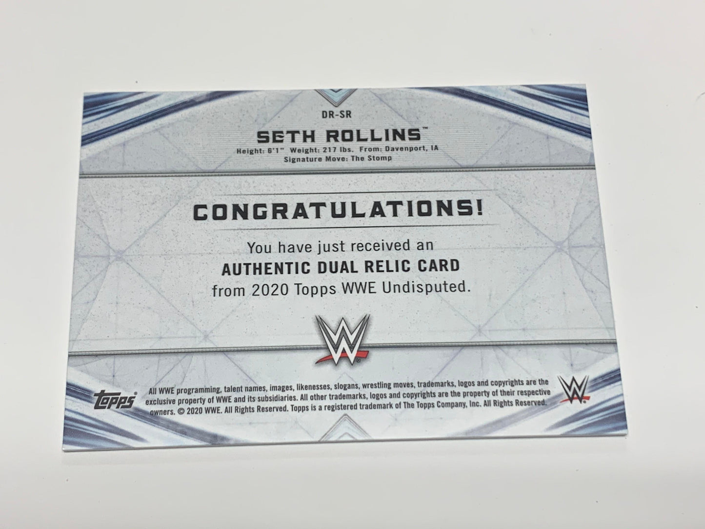 Seth Rollins 2020 WWE Topps Undisputed Dual Relic Card #/99