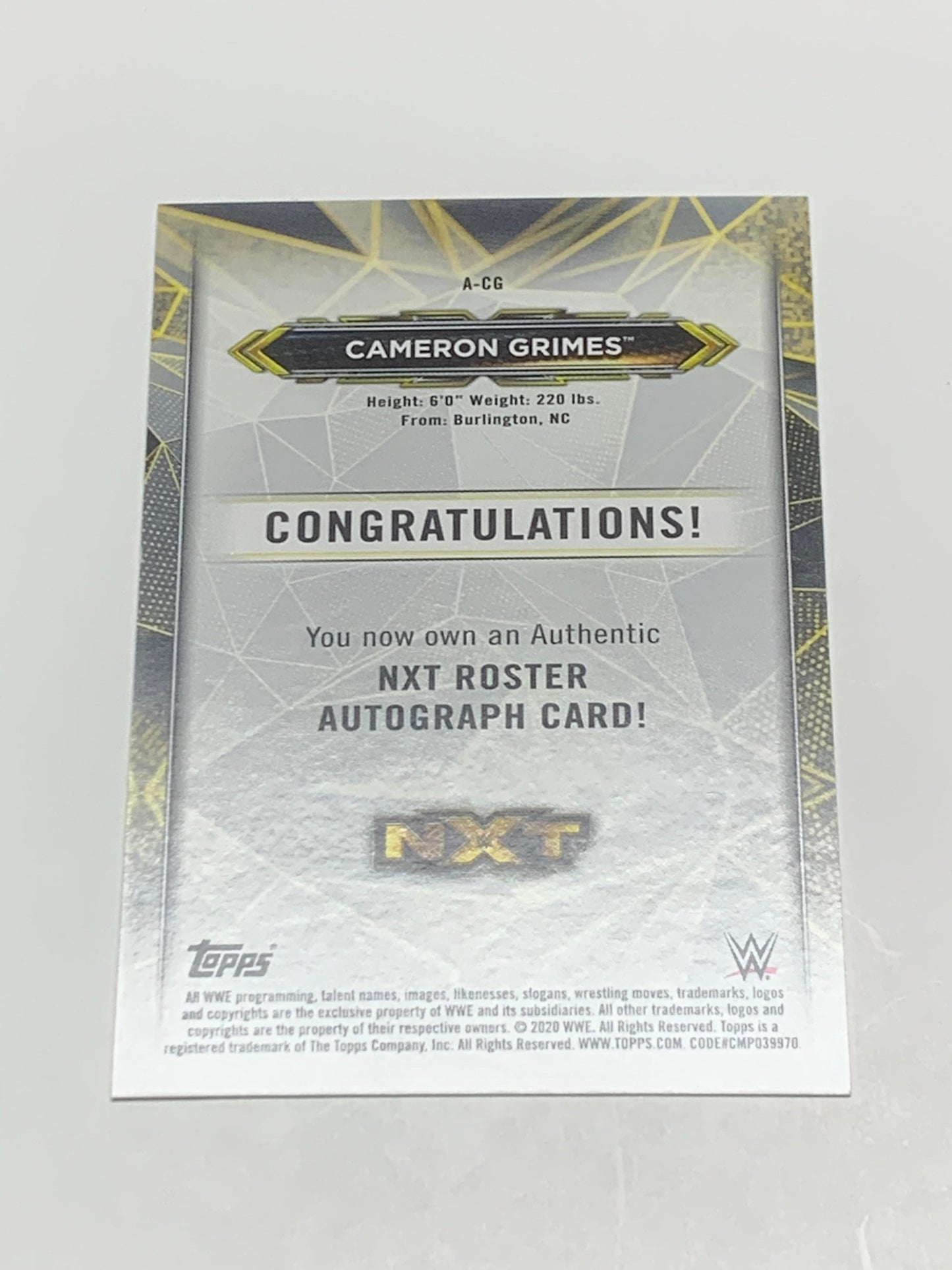 Cameron Grimes 2020 WWE NXT Topps Autographed ROOKIE #A-CG