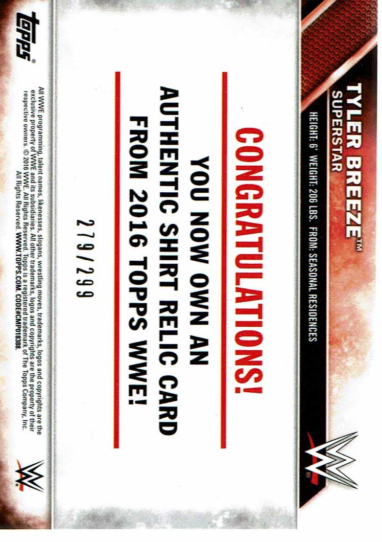 Tyler Breeze Topps WWE 2016 Shirt Relic #279/299