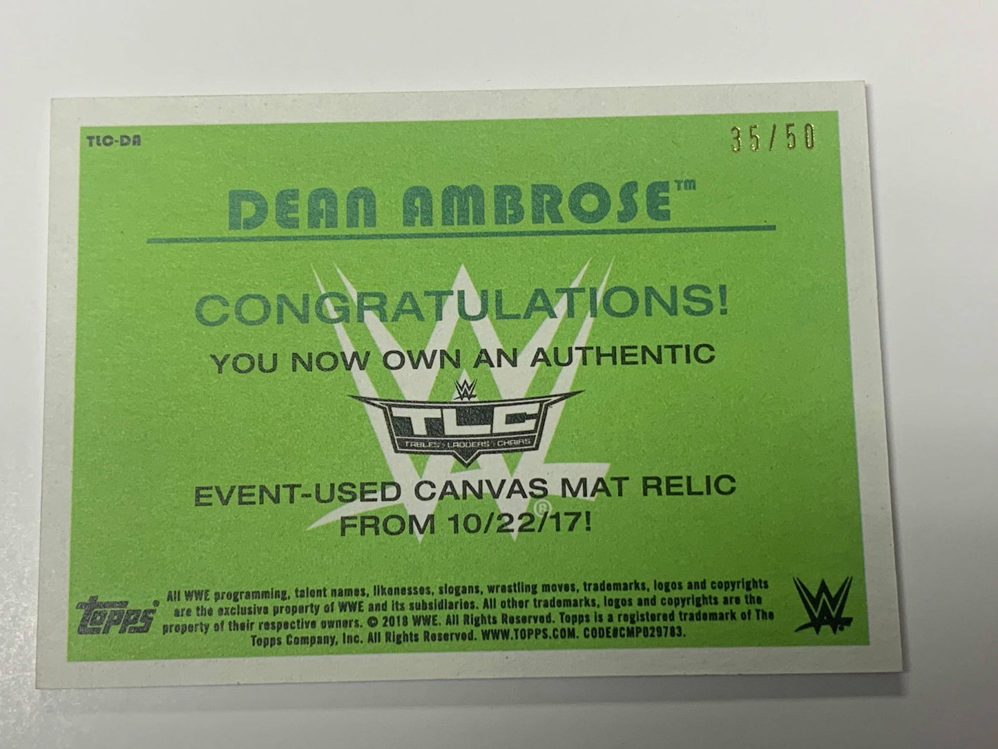 Dean Ambrose Topps WWE 2018 TLC Event-Used Canvas Mat Relic #/50