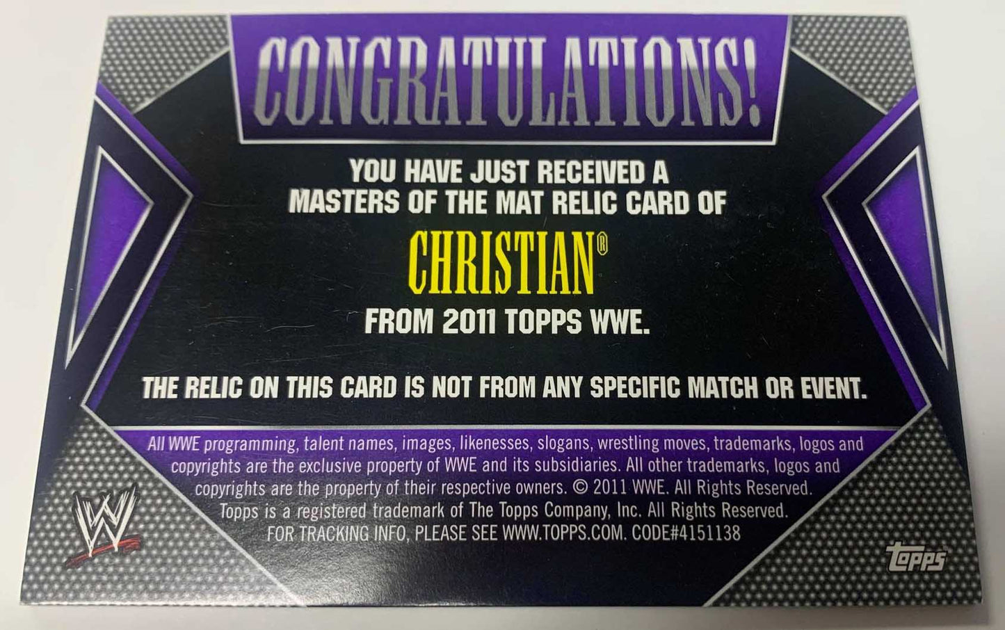 Christian 2011 WWE Topps “Masters of The Mat” Relic Gold #/50