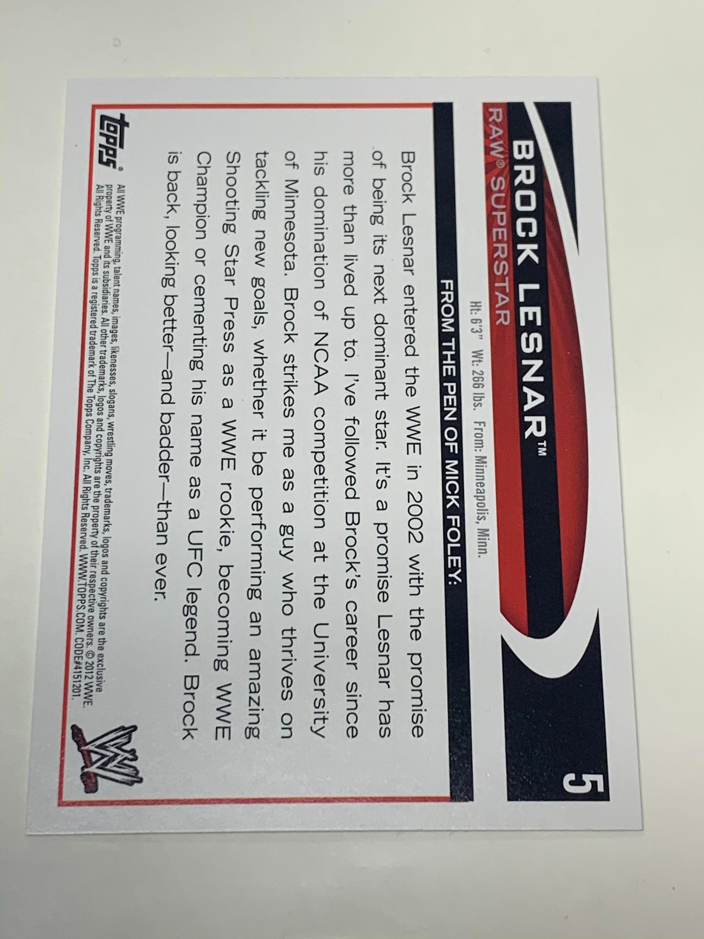 Brock Lesnar 2012 WWE Topps Card #5