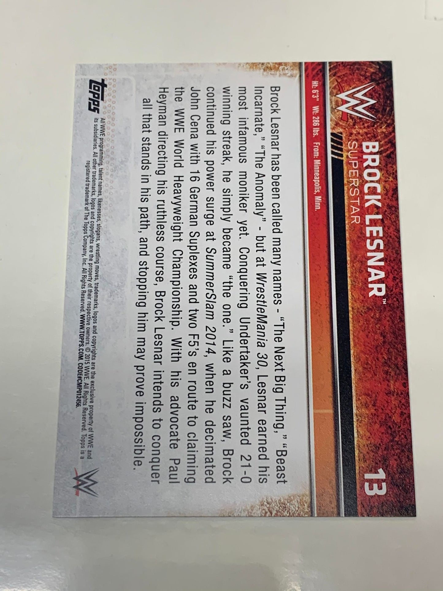 Brock Lesnar 2015 WWE Topps Card #13