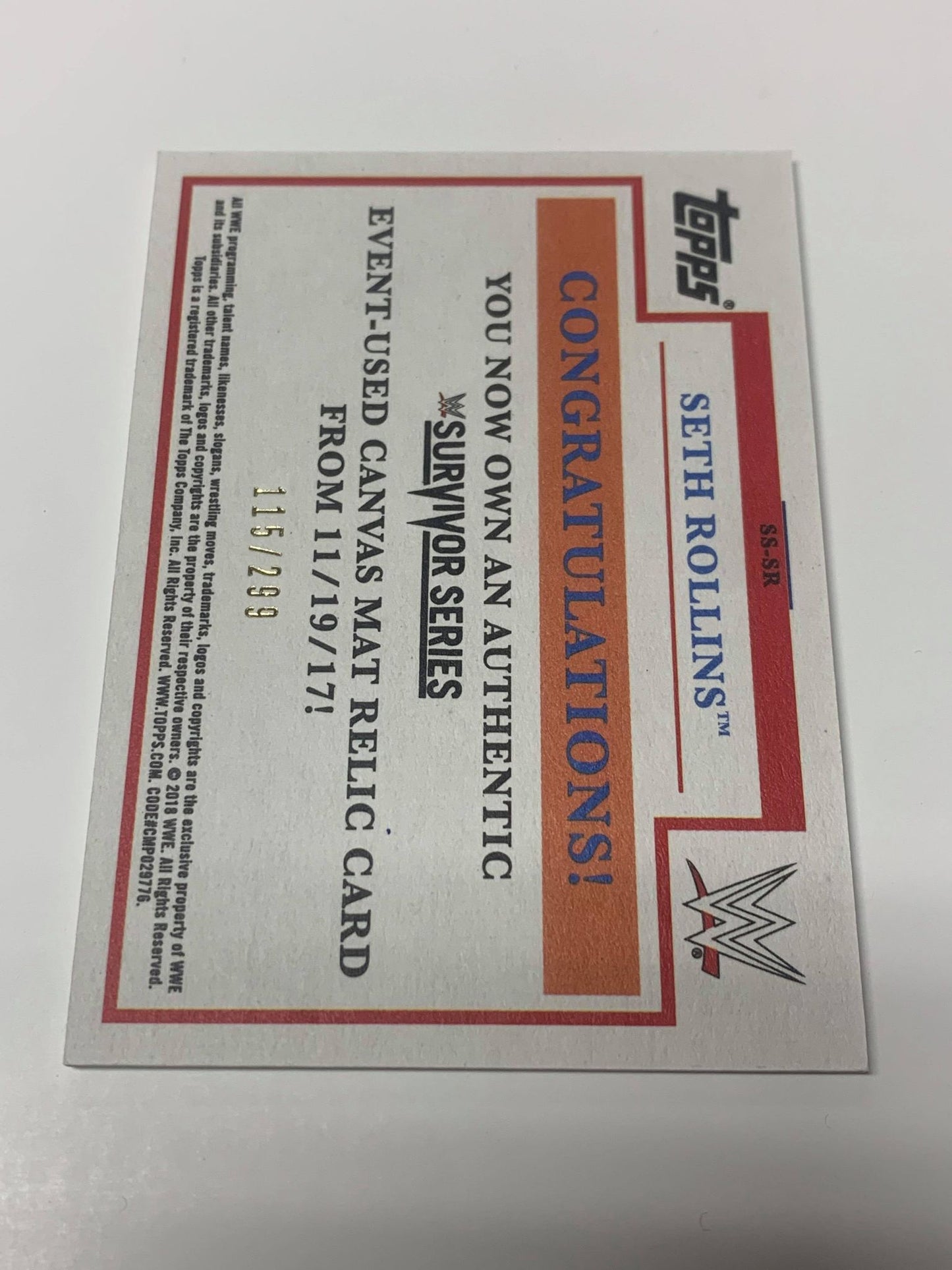 Seth Rollins 2018 Topps Survivor Series Event Used Mat Canvas Relic #/299