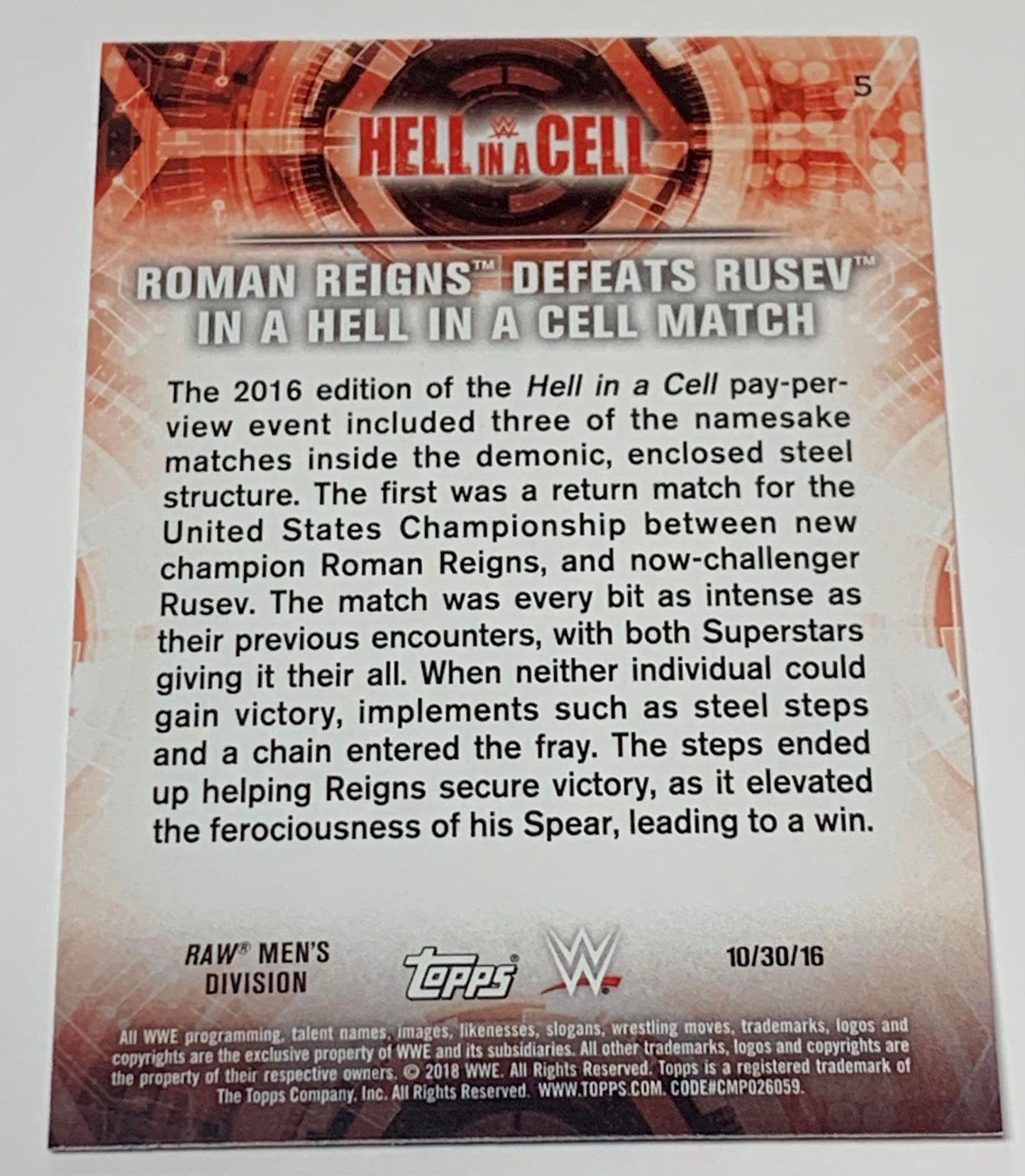 Roman Reigns 2018 WWE Topps “Hell in the Cell” Card #5