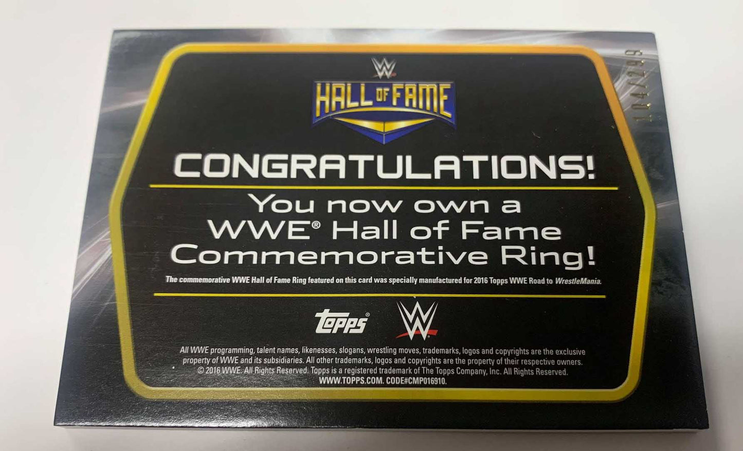 Ron Simmons 2016 Topps WWE HOF Commemorative Ring #/299