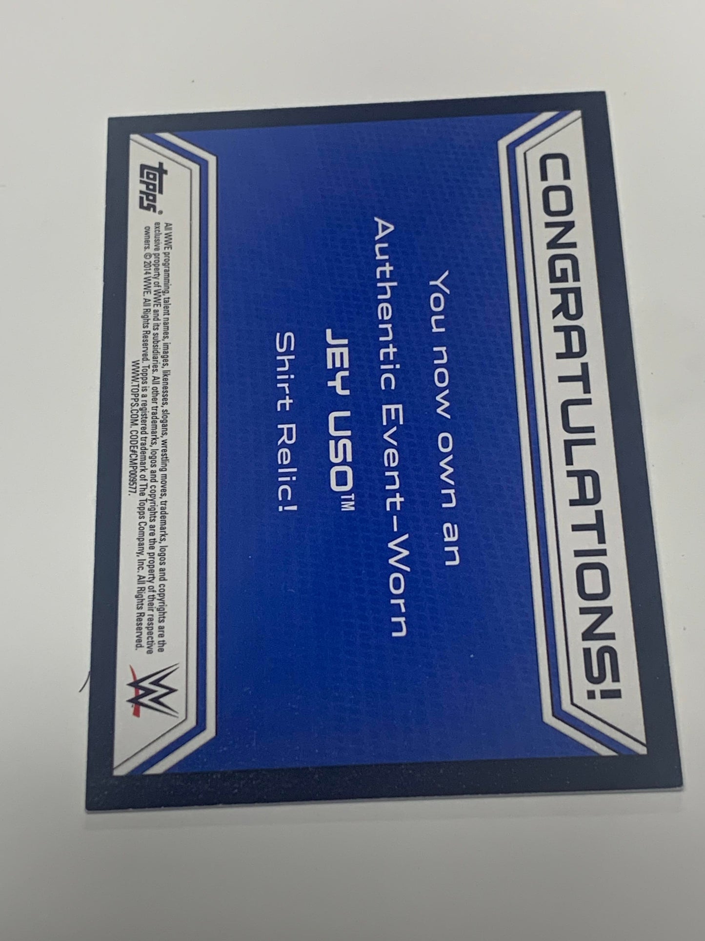 Jey Uso 2014 WWE Topps Road To WrestleMania Authentic Event-Worn Shirt Relic