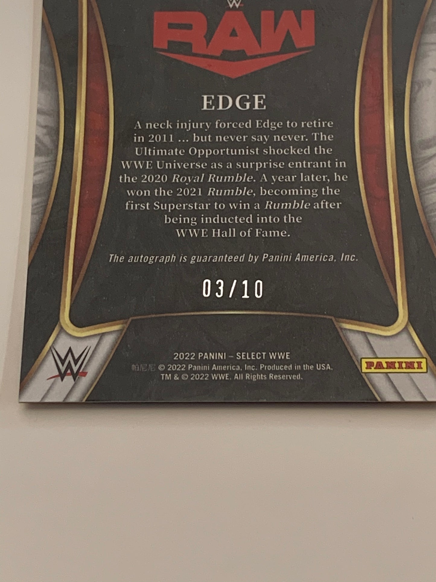 Edge 2022 WWE Select Gold Autograph Card Serial #3/10