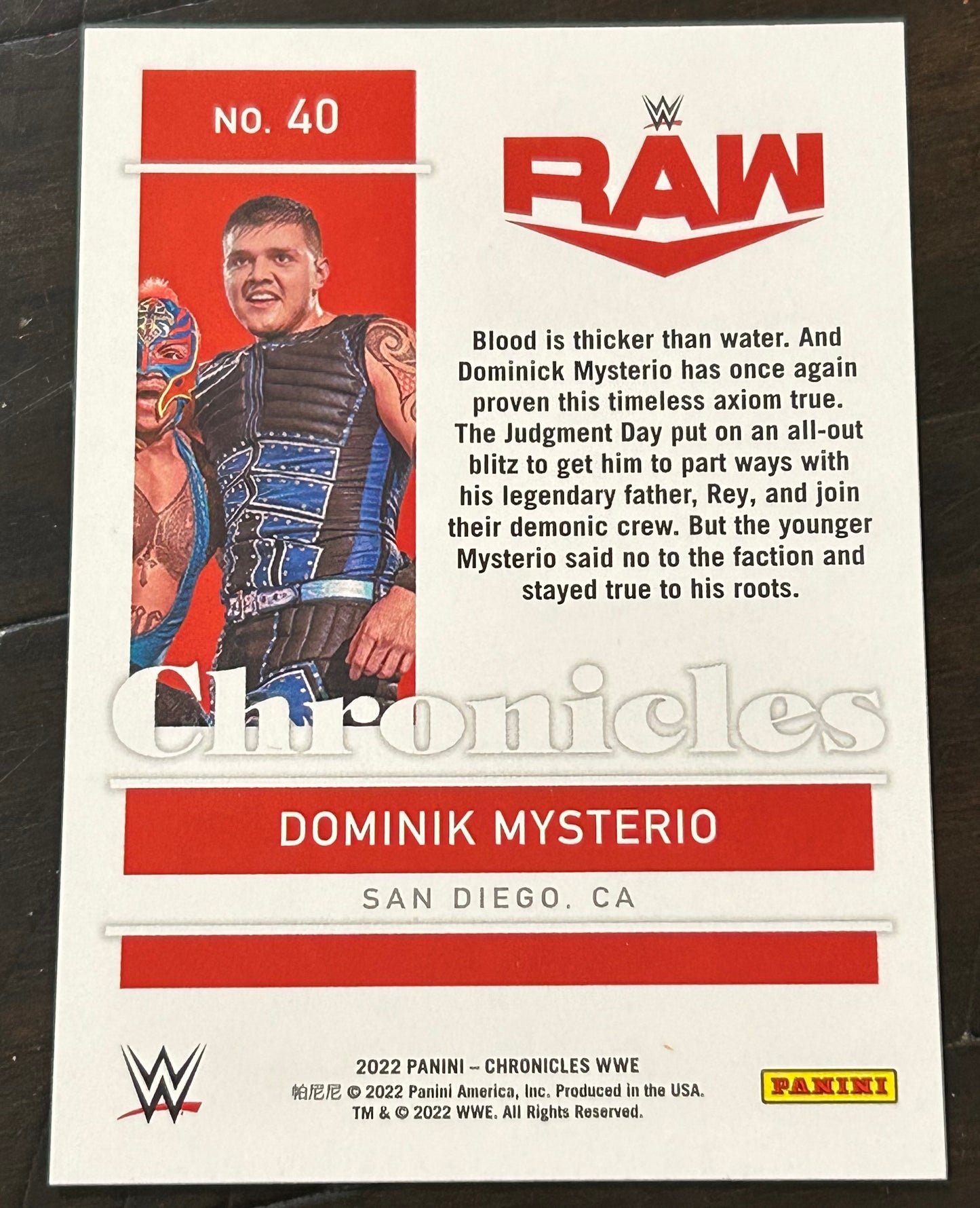 Dominik Mysterio w/Rey Mysterio 2022 WWE Panini Chronicles Card